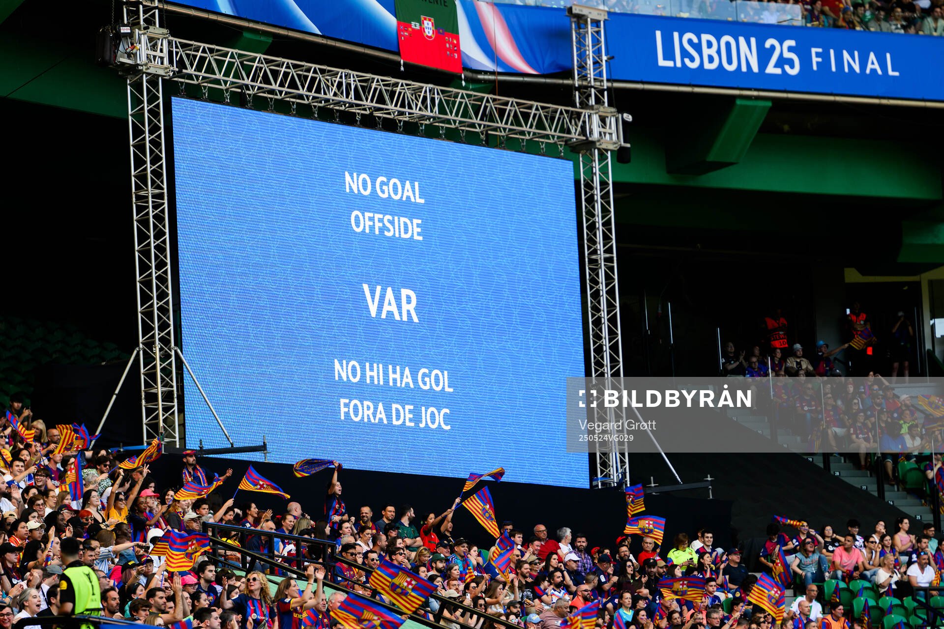 Screen shows no goal during the UEFA Women's Champions League final match between Arsenal and Barcelona on May 24, 2025 in Lisbon.