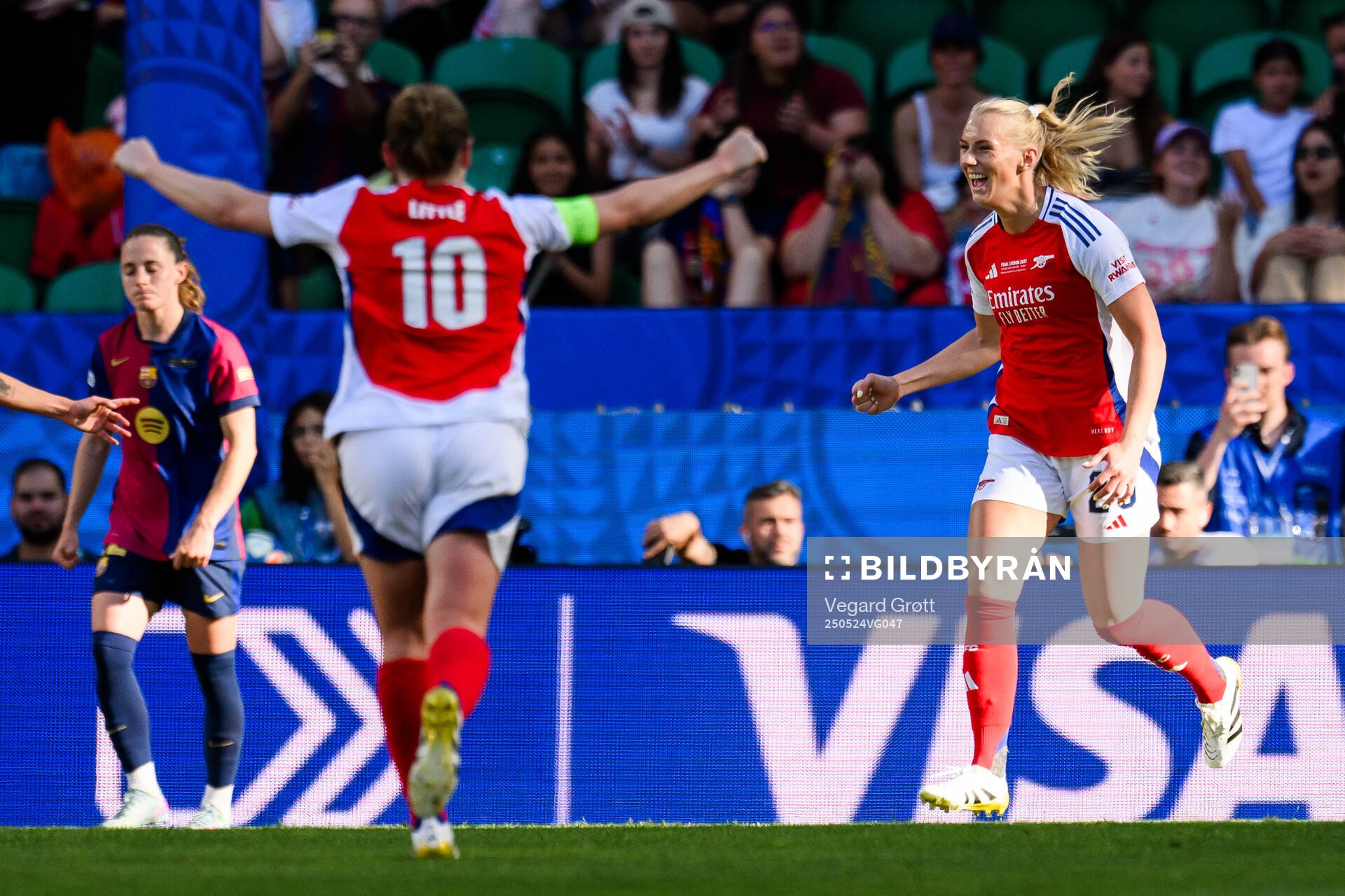 Stina Blackstenius of Arsenal celebrates after scoring the 1-0 goal during the UEFA Women's Champions League final match between Arsenal and Barcelona on May 24, 2025 in Lisbon.