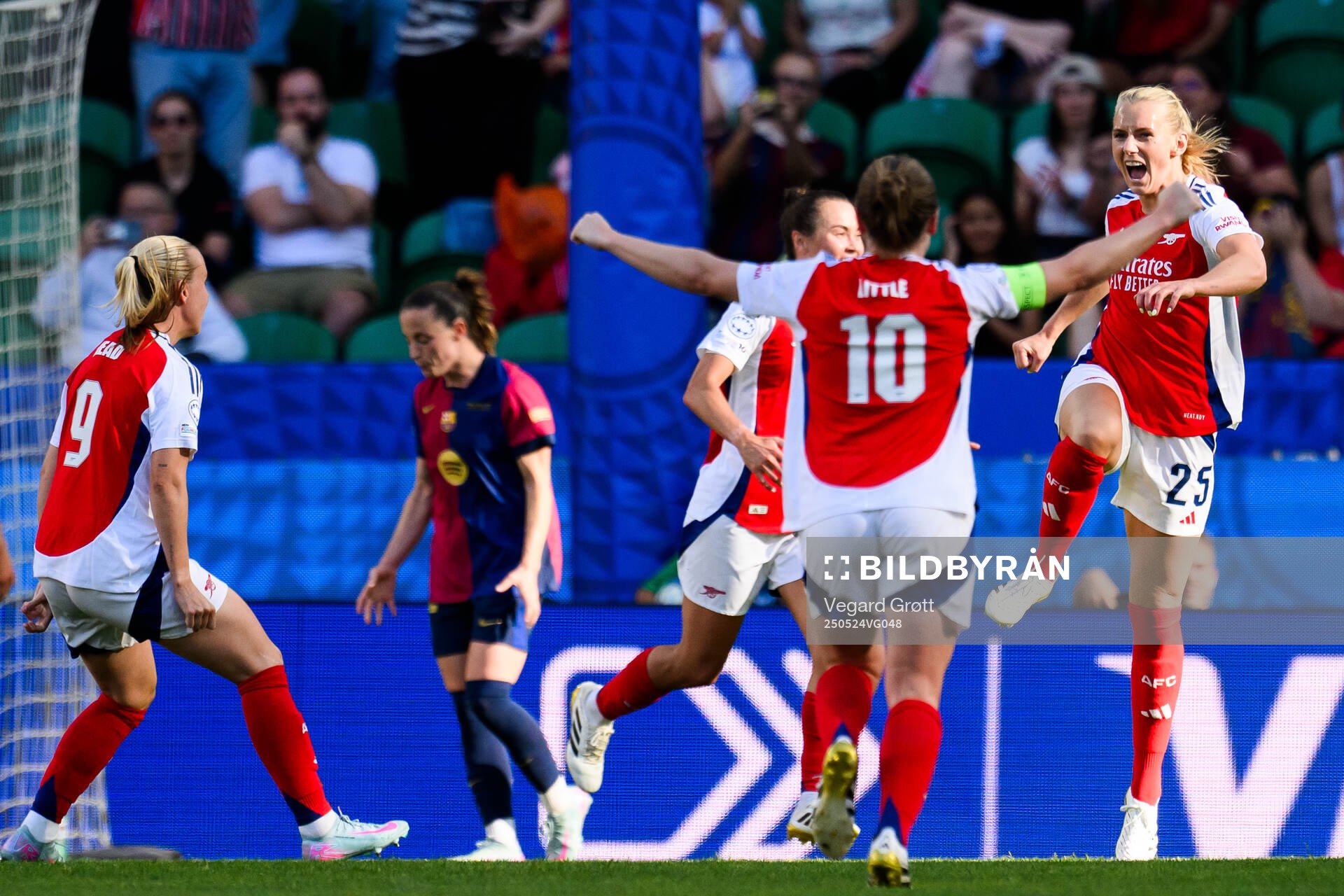 Stina Blackstenius of Arsenal celebrates after scoring the 1-0 goal during the UEFA Women's Champions League final match between Arsenal and Barcelona on May 24, 2025 in Lisbon.