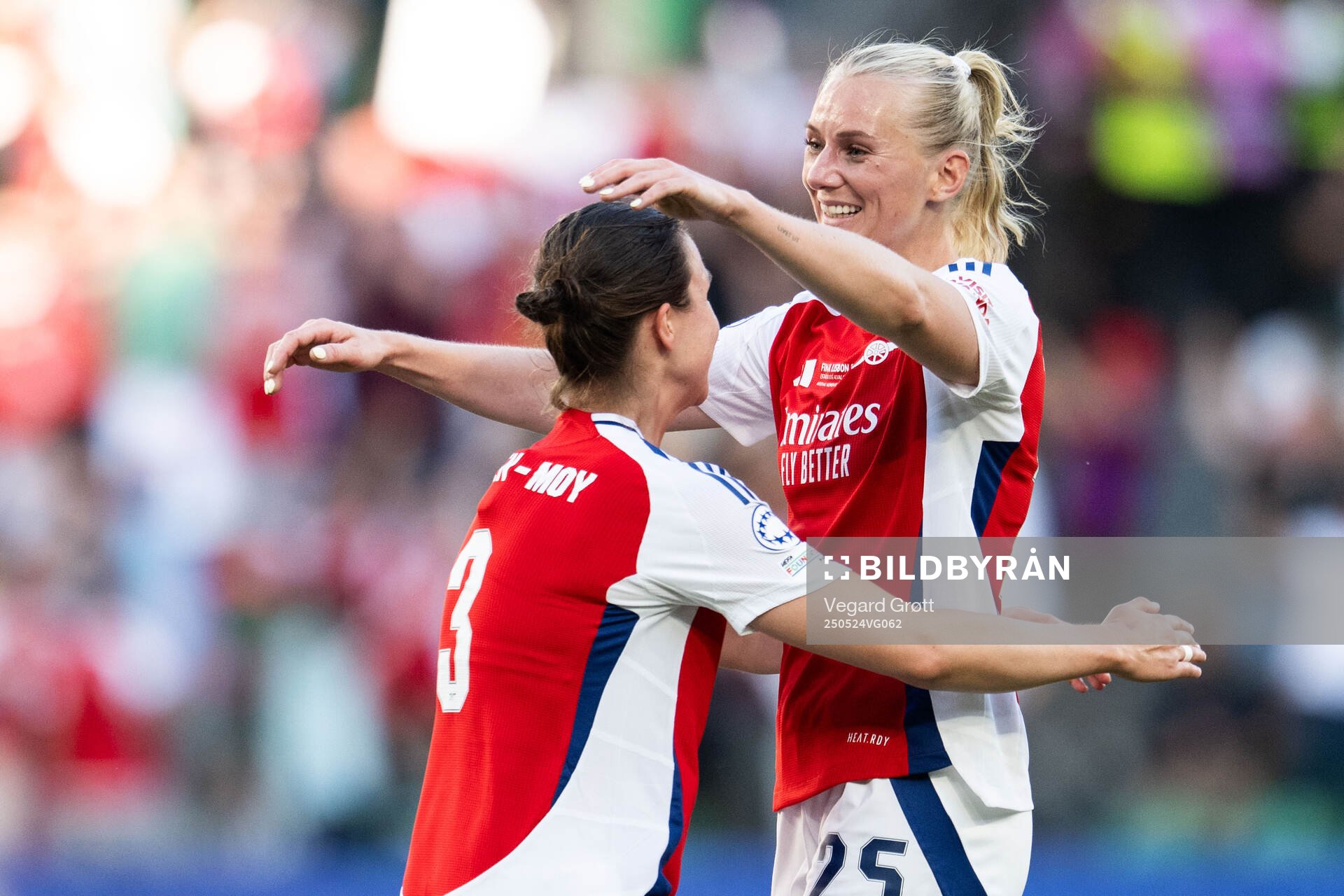 Stina Blackstenius of Arsenal celebrates with Lotte Wubben-Moy after the UEFA Women's Champions League final match between Arsenal and Barcelona on May 24, 2025 in Lisbon.