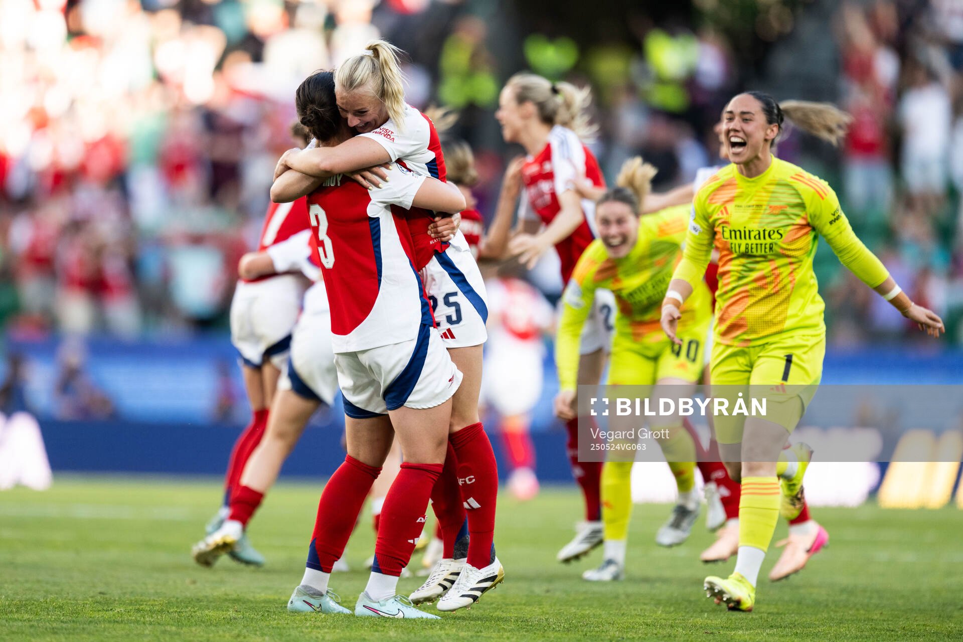 Stina Blackstenius of Arsenal celebrates with Lotte Wubben-Moy after the UEFA Women's Champions League final match between Arsenal and Barcelona on May 24, 2025 in Lisbon.