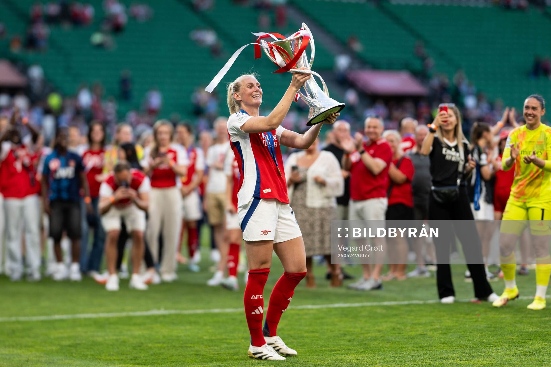 Stina Blackstenius of Arsenal celebrates with the trophy after the UEFA Women's Champions League final match between Arsenal and Barcelona on May 24, 2025 in Lisbon.