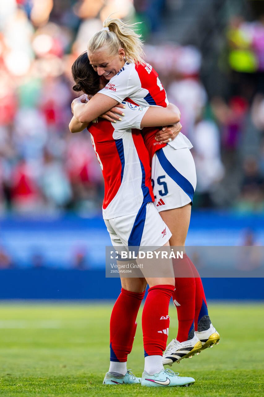 Lotte Wubben-Moy and Stina Blackstenius of Arsenal celebrate after the UEFA Women's Champions League final match between Arsenal and Barcelona on May 24, 2025 in Lisbon.