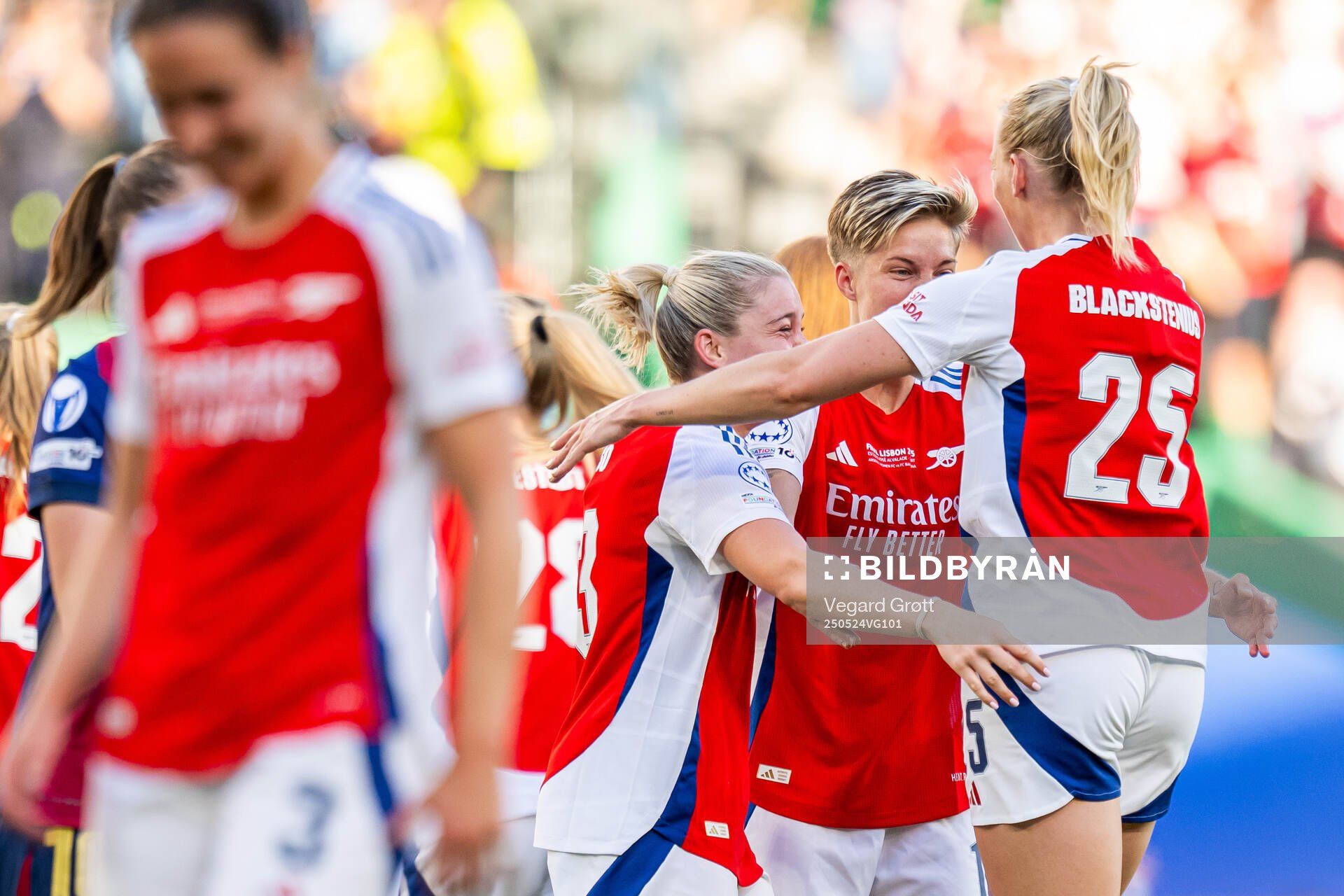 Alessia Russo, Lina Hurtig and Stina Blackstenius of Arsenal celebrate after the UEFA Women's Champions League final match between Arsenal and Barcelona on May 24, 2025 in Lisbon.