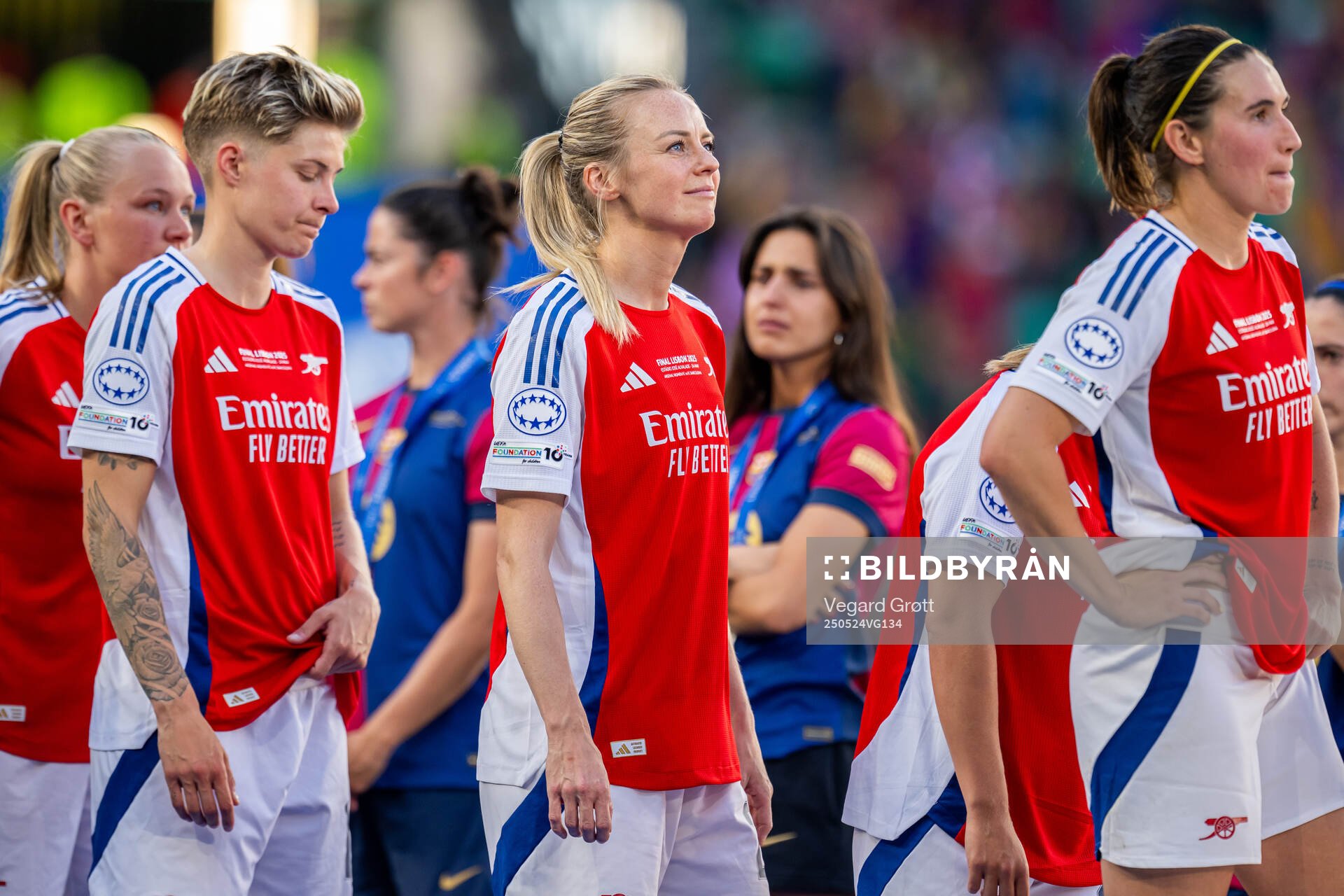 Lina Hurtig and Amanda Ilestedt of Arsenal after the UEFA Women's Champions League final match between Arsenal and Barcelona on May 24, 2025 in Lisbon.