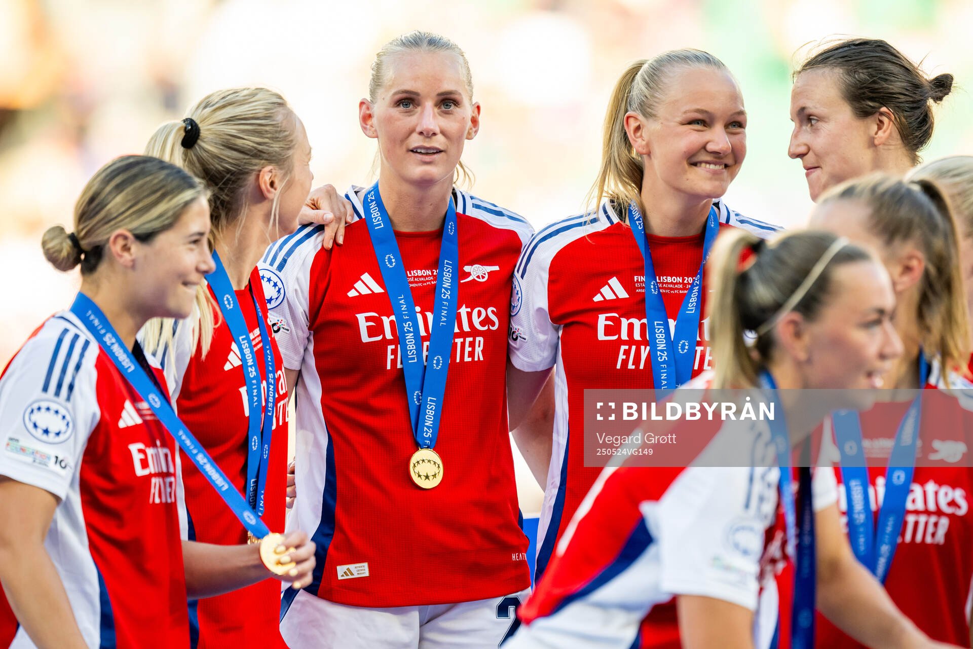 Stina Blackstenius and Frida Maanum of Arsenal after the UEFA Women's Champions League final match between Arsenal and Barcelona on May 24, 2025 in Lisbon.