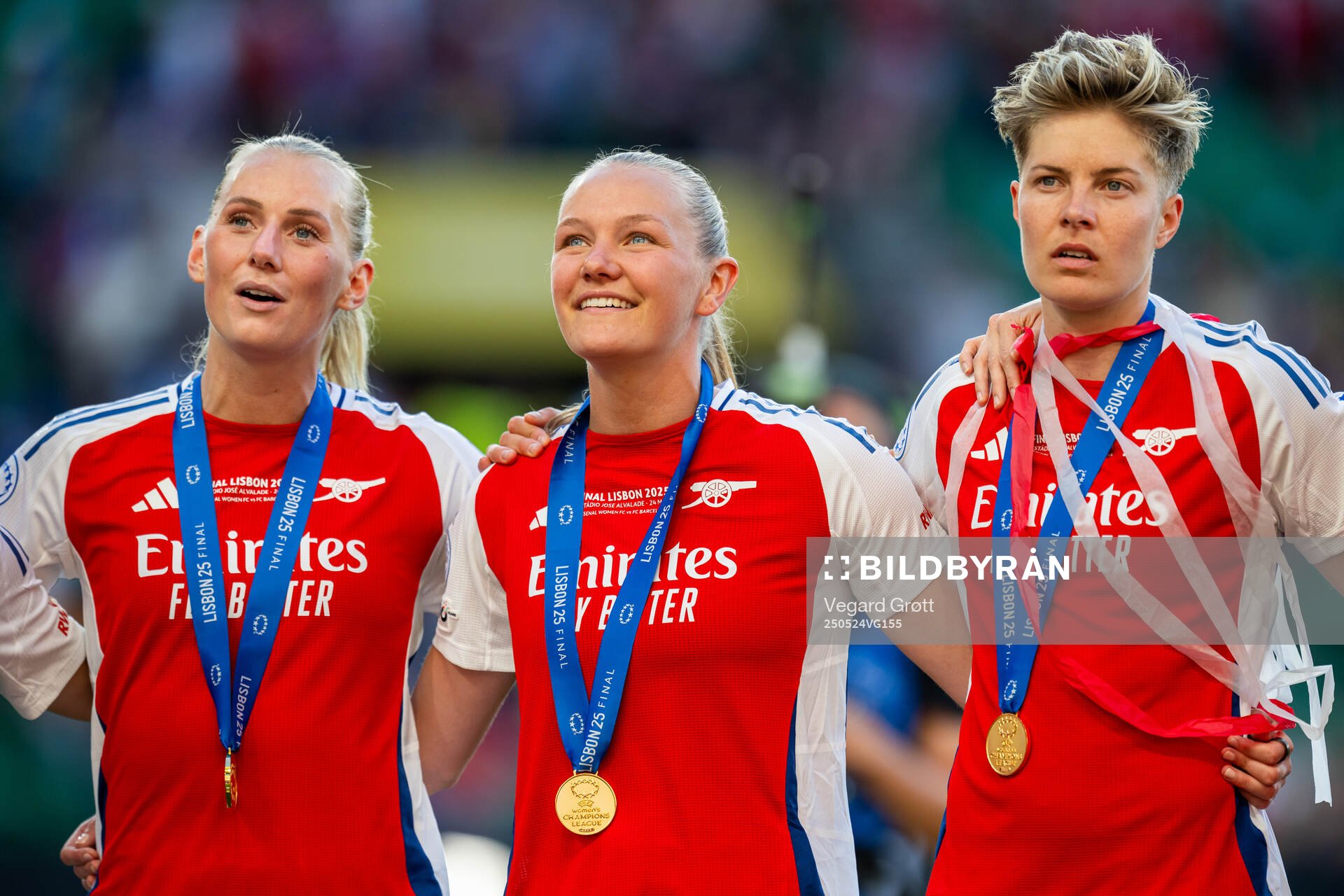 Stina Blackstenius, Frida Maanum and Lina Hurtig of Arsenal celebrate after the UEFA Women's Champions League final match between Arsenal and Barcelona on May 24, 2025 in Lisbon.
