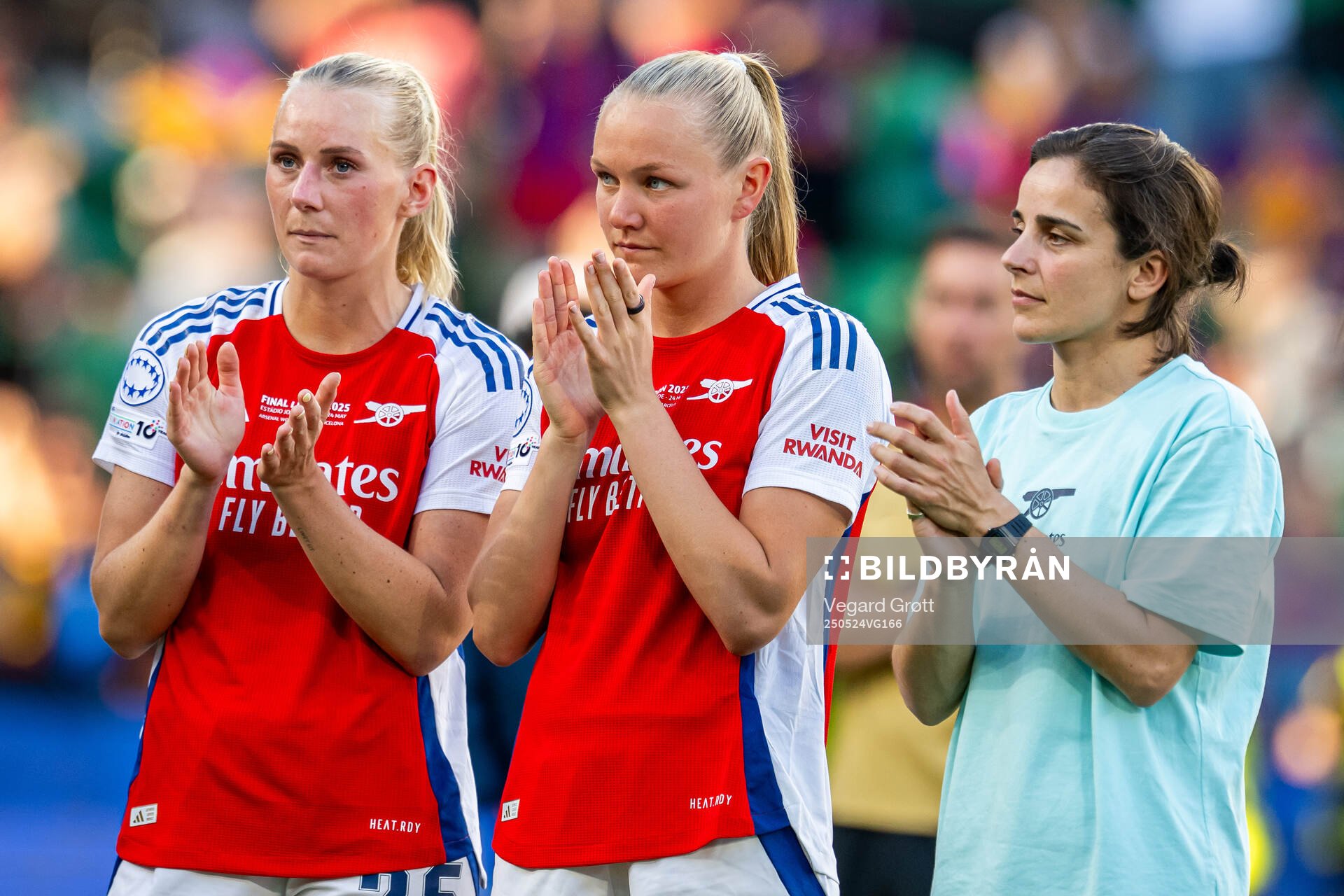 Stina Blackstenius, Frida Maanum and head coach Renée Slegers of Arsenal after the UEFA Women's Champions League final match between Arsenal and Barcelona on May 24, 2025 in Lisbon.