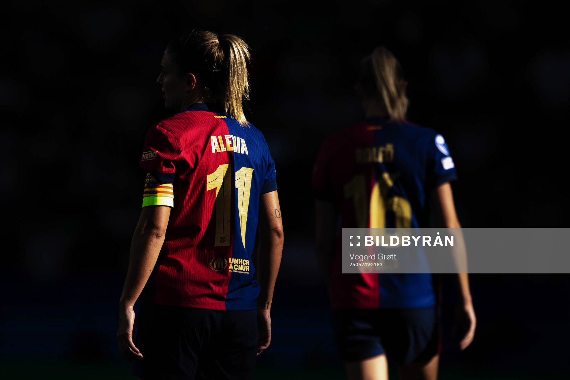 Alexia Putellas and Fridolina Rolfö of Barcelona during the UEFA Women's Champions League final match between Arsenal and Barcelona on May 24, 2025 in Lisbon.