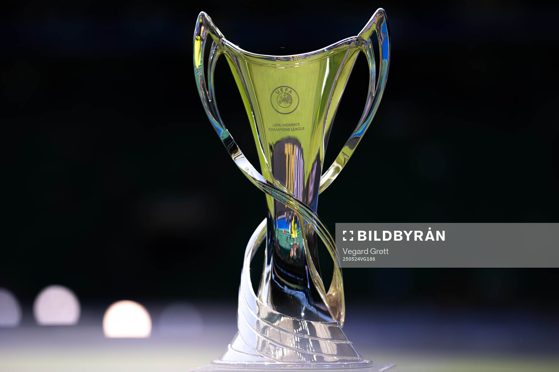 The trophy ahead of the UEFA Women's Champions League final match between Arsenal and Barcelona on May 24, 2025 in Lisbon.
