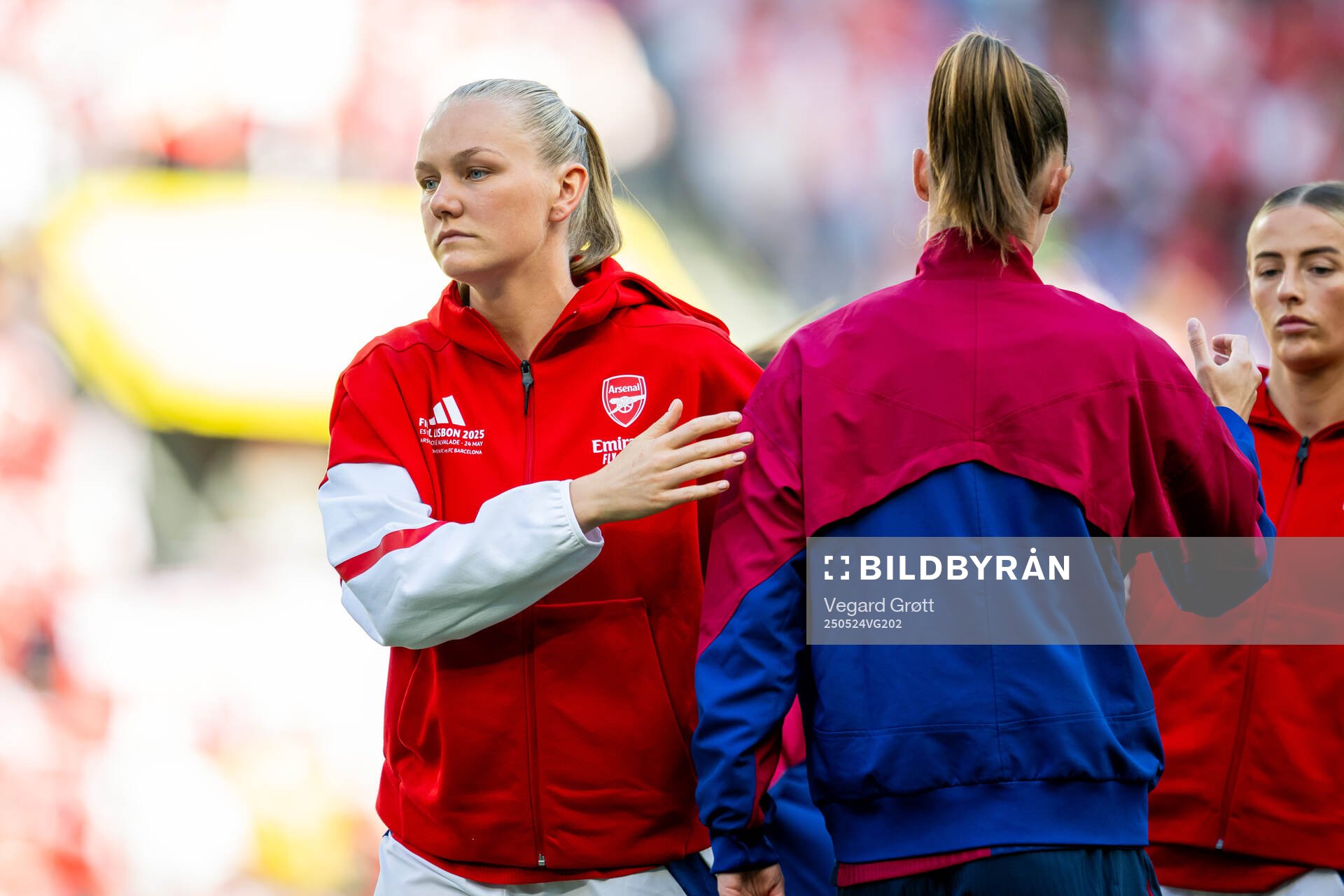 Frida Maanum of Arsenal and Caroline Graham Hansen of Barcelona ahead of the UEFA Women's Champions League final match between Arsenal and Barcelona on May 24, 2025 in Lisbon.