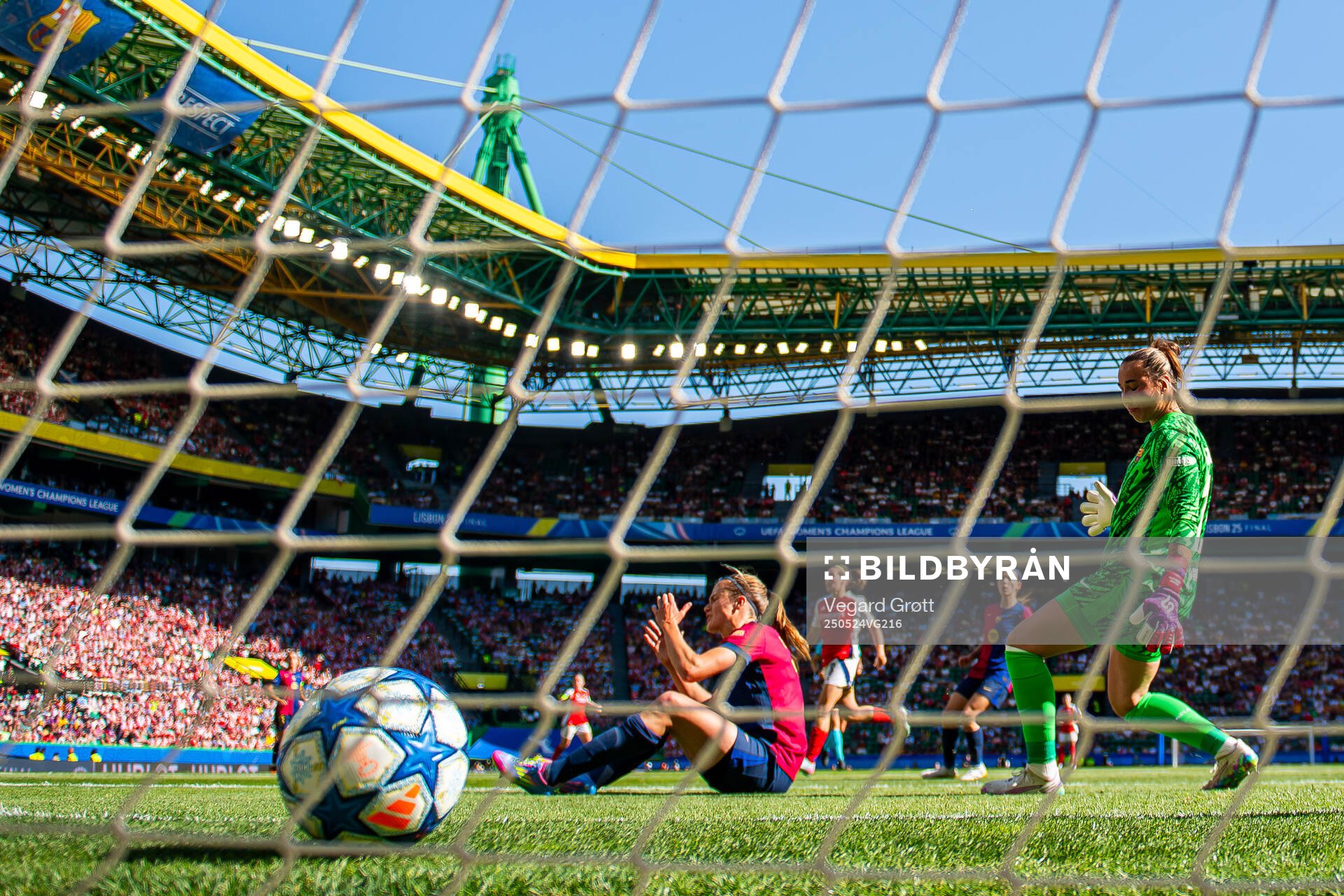 Irene Paredes of Barcelona scores an own goal later being disallowed during the UEFA Women's Champions League final match between Arsenal and Barcelona on May 24, 2025 in Lisbon.