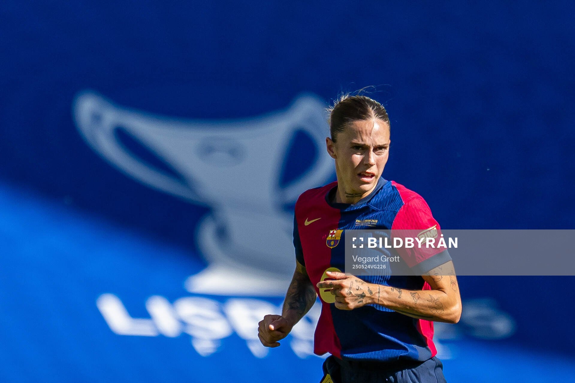 Maria Leon of Barcelona during the UEFA Women's Champions League final match between Arsenal and Barcelona on May 24, 2025 in Lisbon.