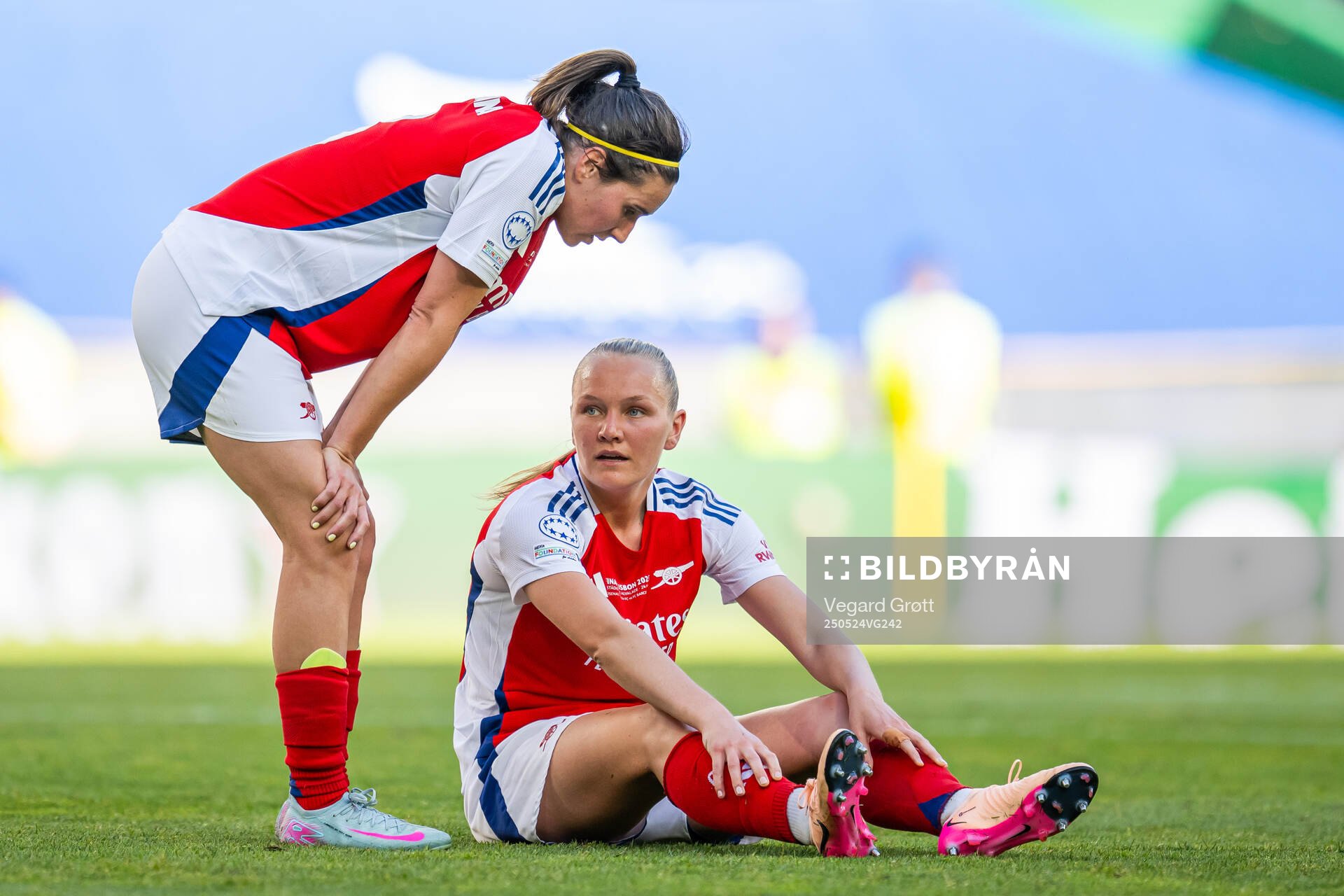 Mariona Caldentey and Frida Maanum of Arsenal during the UEFA Women's Champions League final match between Arsenal and Barcelona on May 24, 2025 in Lisbon.