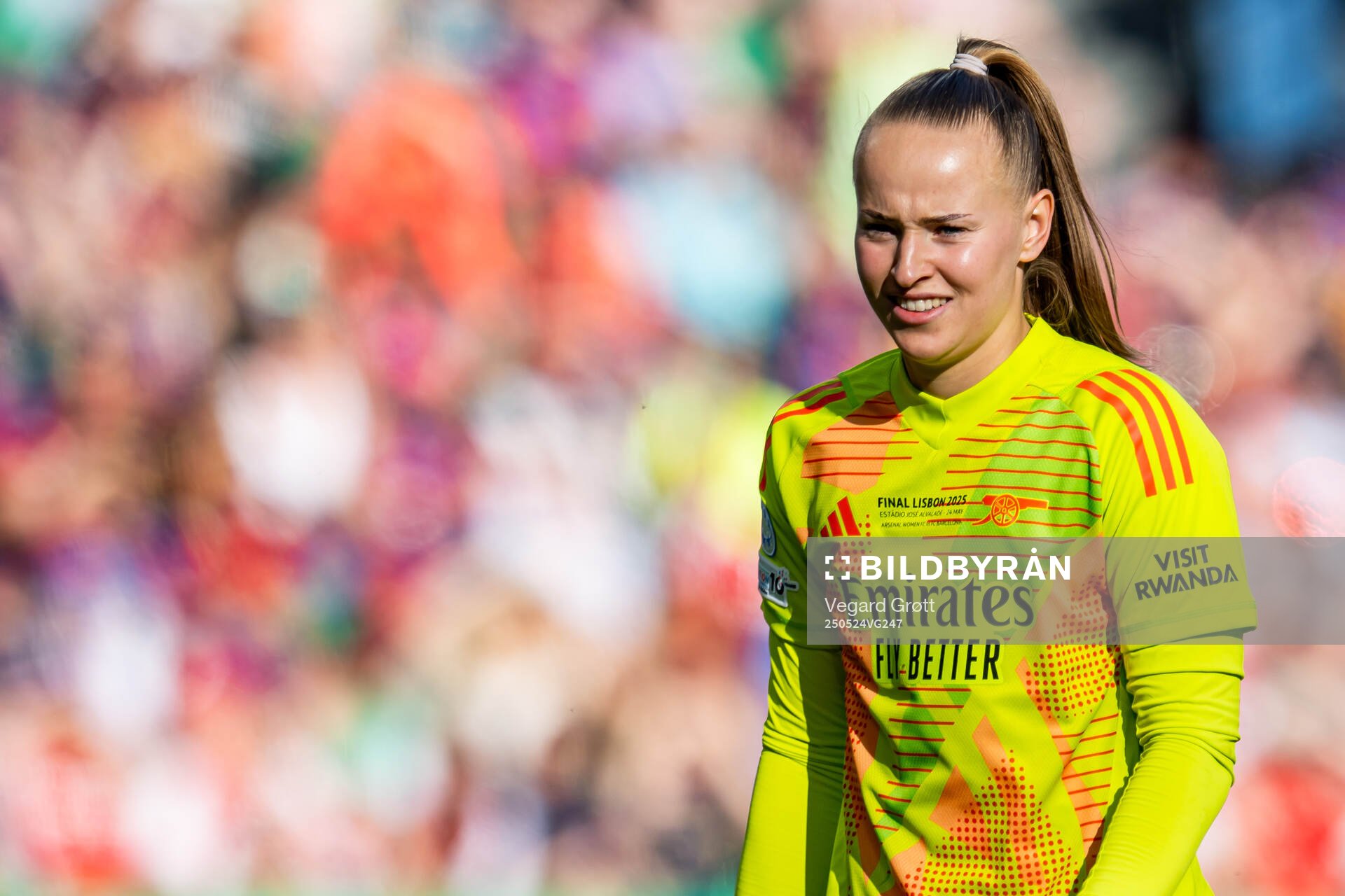 Goalkeeper Daphne van Domselaar of Arsenal during the UEFA Women's Champions League final match between Arsenal and Barcelona on May 24, 2025 in Lisbon.