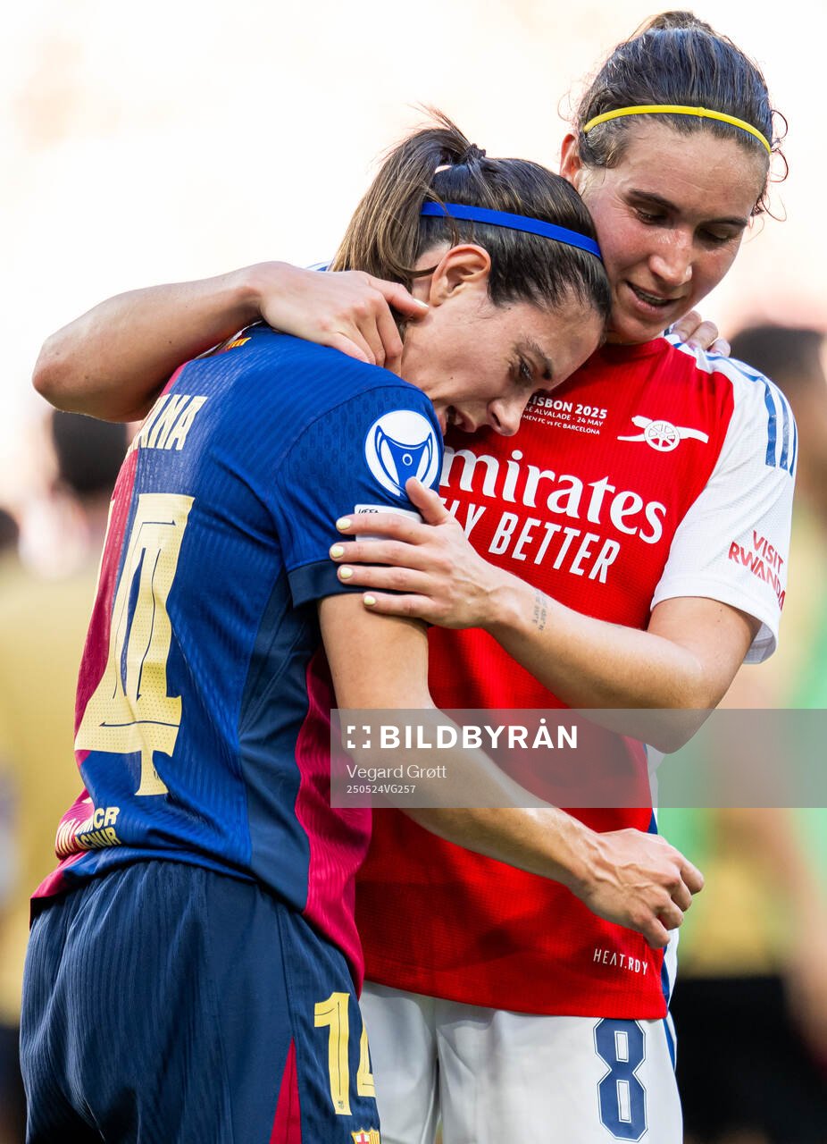 Aitana Bonmati of Barcelona and Mariona Caldentey of Arsenal after the UEFA Women's Champions League final match between Arsenal and Barcelona on May 24, 2025 in Lisbon.