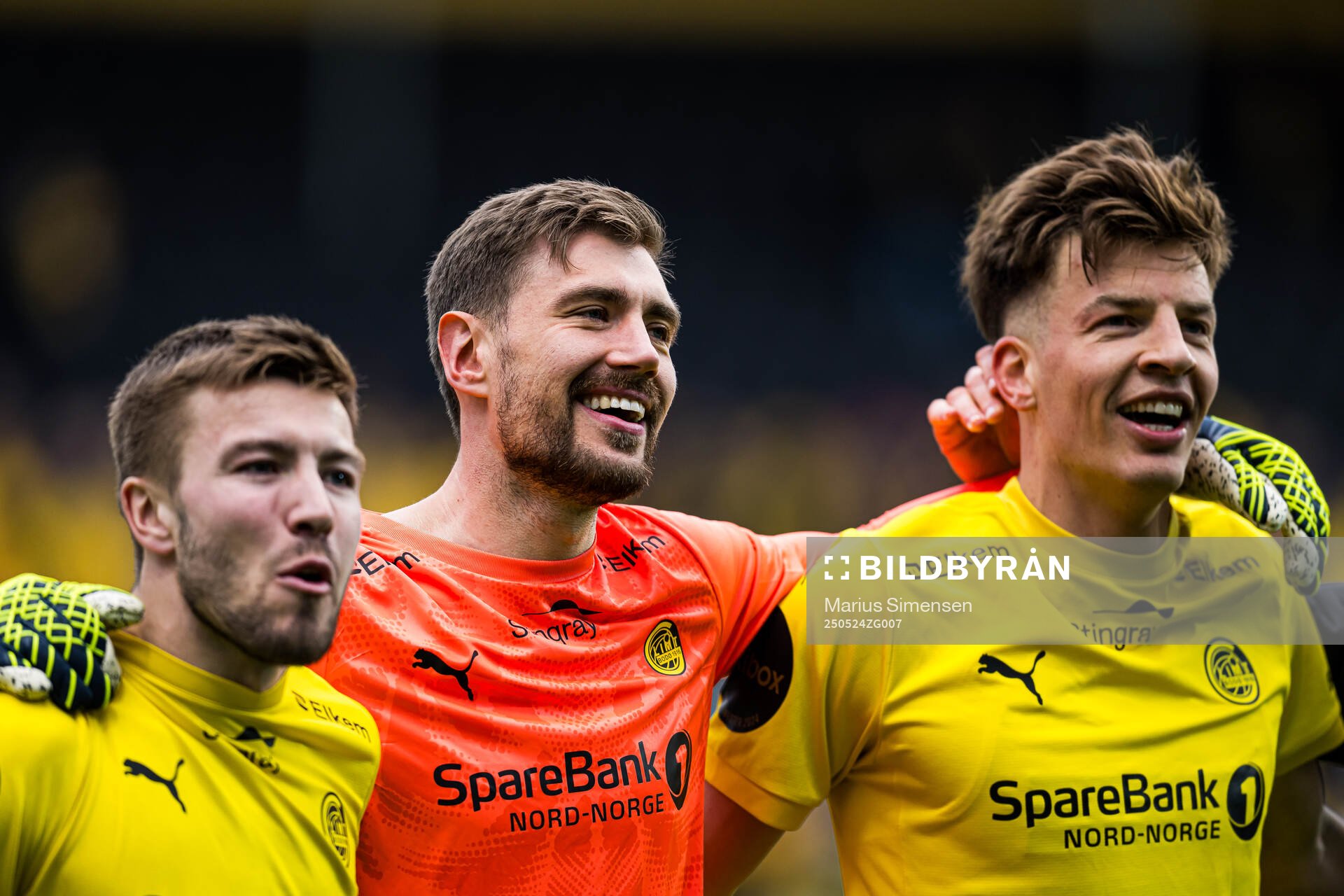 Fredrik Bjørkan, goalkeeper Nikita Haikin and Jostein Gundersen of Bodø/Glimt celebrates after the Eliteserien match between Bodø/Glimt and Rosenborg on May 24, 2025 in Bodø.