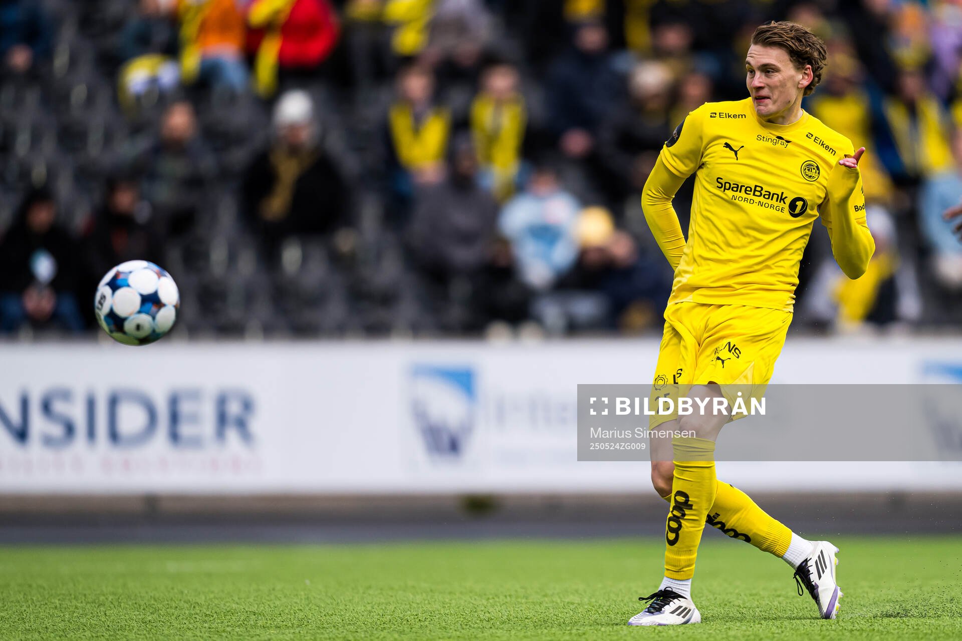 Isak Dybvik Määttä of Bodø/Glimt missing a chance to score during the Eliteserien match between Bodø/Glimt and Rosenborg on May 24, 2025 in Bodø.
