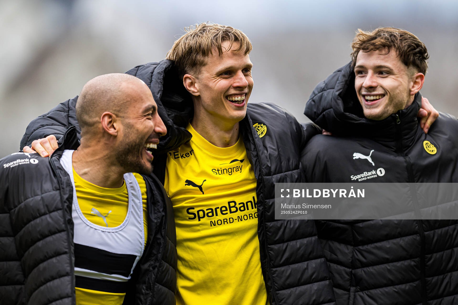 Haitam Aleesami, Ulrik Saltnes and Håkon Evjen of Bodø/Glimt celebrates after the Eliteserien match between Bodø/Glimt and Rosenborg on May 24, 2025 in Bodø.