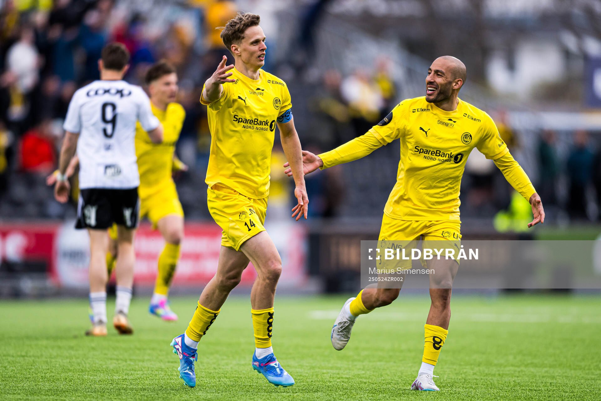 Ulrik Saltnes of Bodø/Glimt celebrates after scoring the 4-0 goal during the Eliteserien match between Bodø/Glimt and Rosenborg on May 24, 2025 in Bodø.