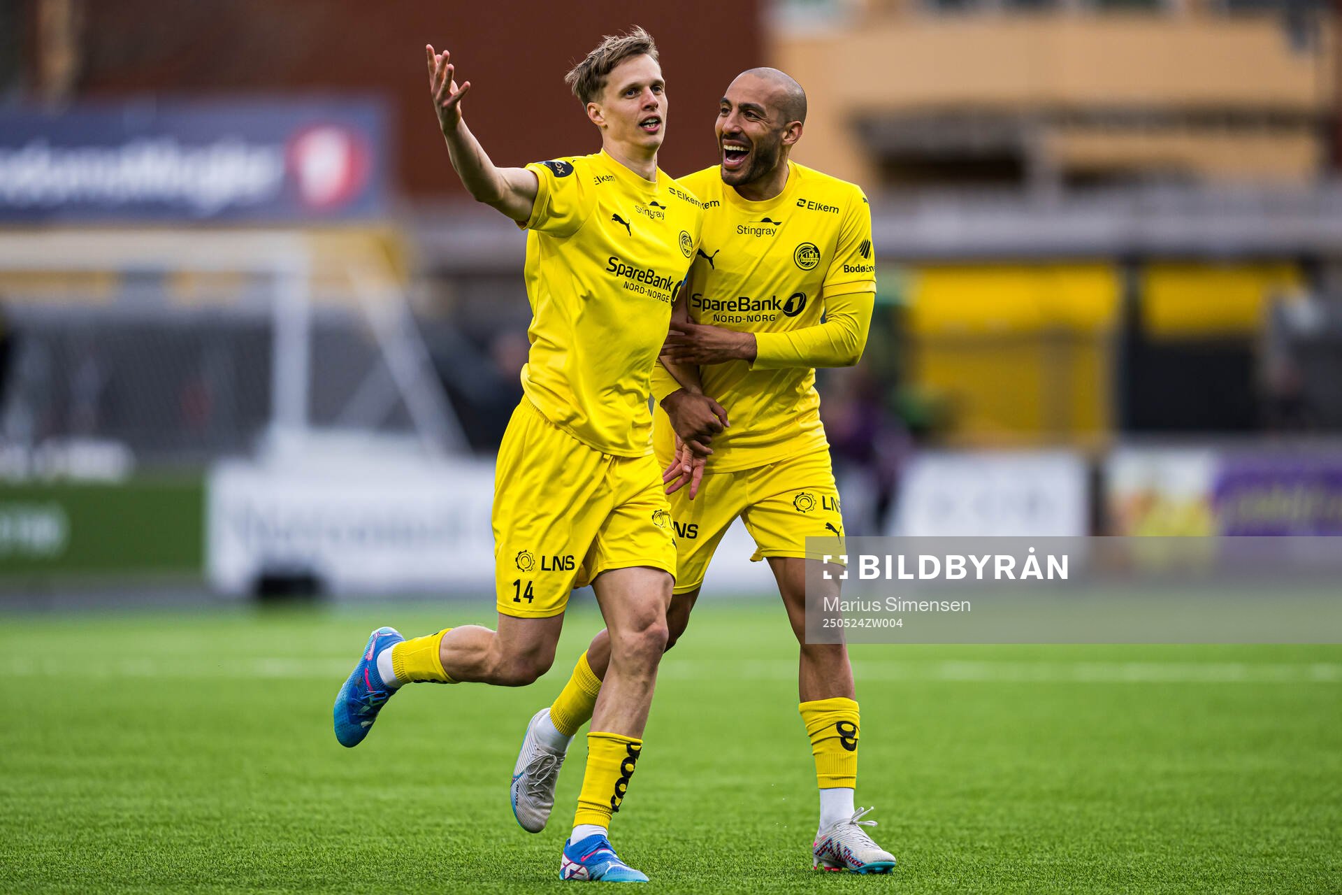 Ulrik Saltnes of Bodø/Glimt celebrates after scoring the 4-0 goal during the Eliteserien match between Bodø/Glimt and Rosenborg on May 24, 2025 in Bodø.