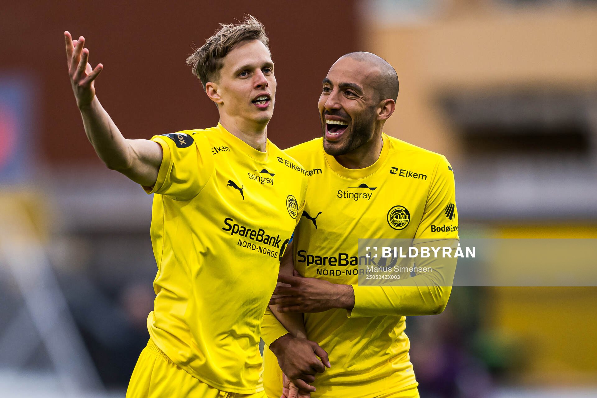Ulrik Saltnes of Bodø/Glimt celebrates after scoring the 4-0 goal during the Eliteserien match between Bodø/Glimt and Rosenborg on May 24, 2025 in Bodø.