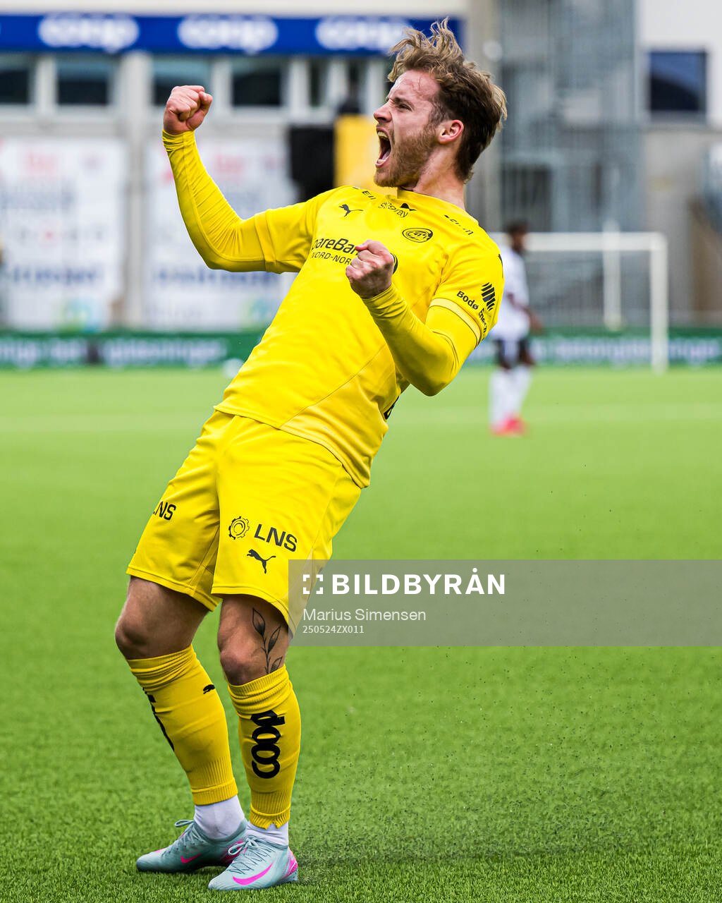 Ole Didrik Blomberg of Bodø/Glimt celebrates after scoring the 2-0 goal during the Eliteserien match between Bodø/Glimt and Rosenborg on May 24, 2025 in Bodø.