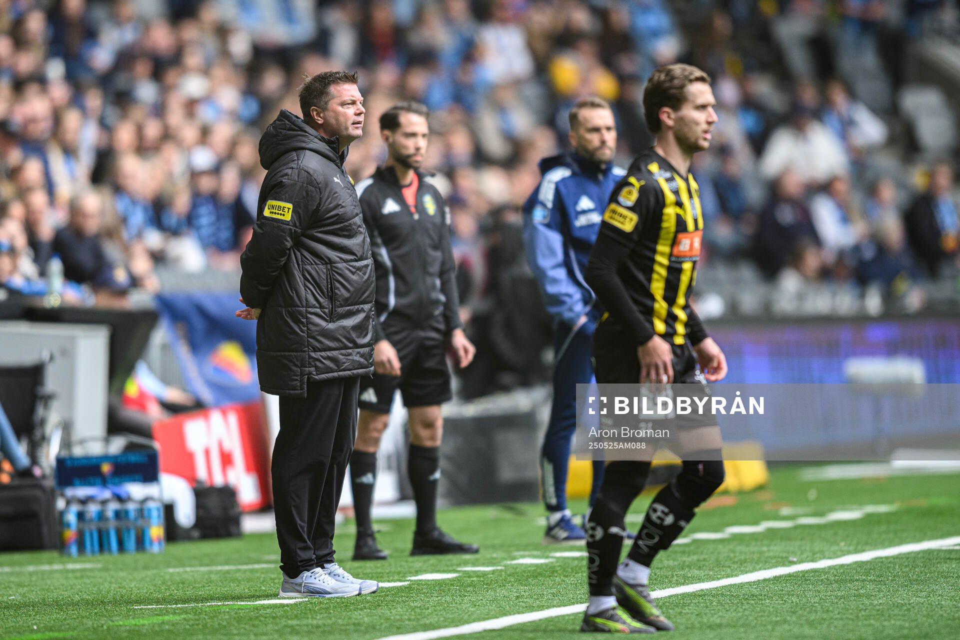 Häckens tränare Jens Gustafsson under fotbollsmatchen i Allsvenskan mellan Djurgården och Häcken den 25 maj 2025 i Stockholm. 