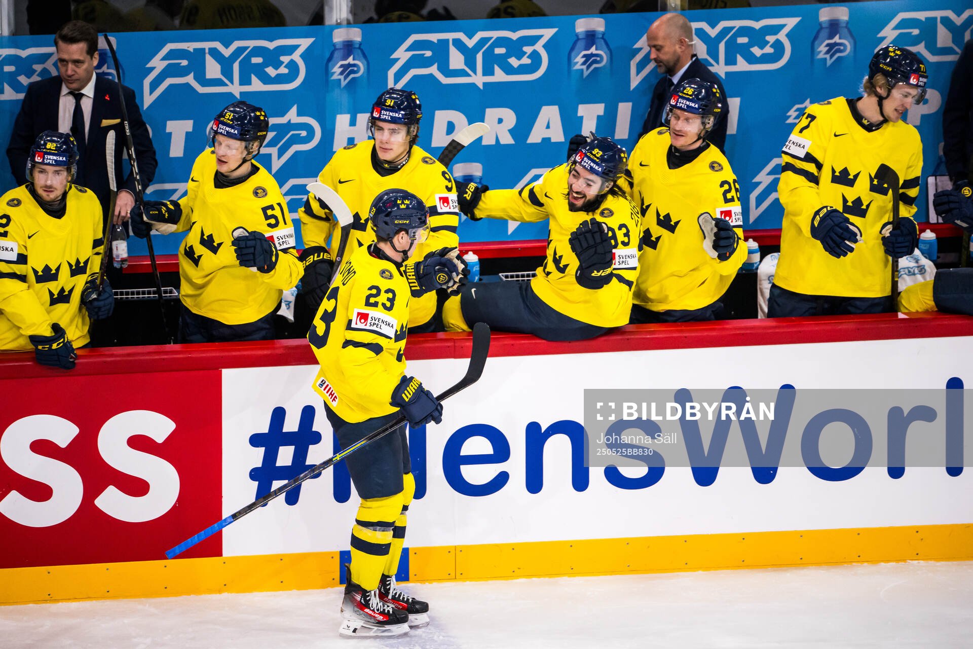 Lucas Raymond of Sweden celebrates with Mika Zibanejad