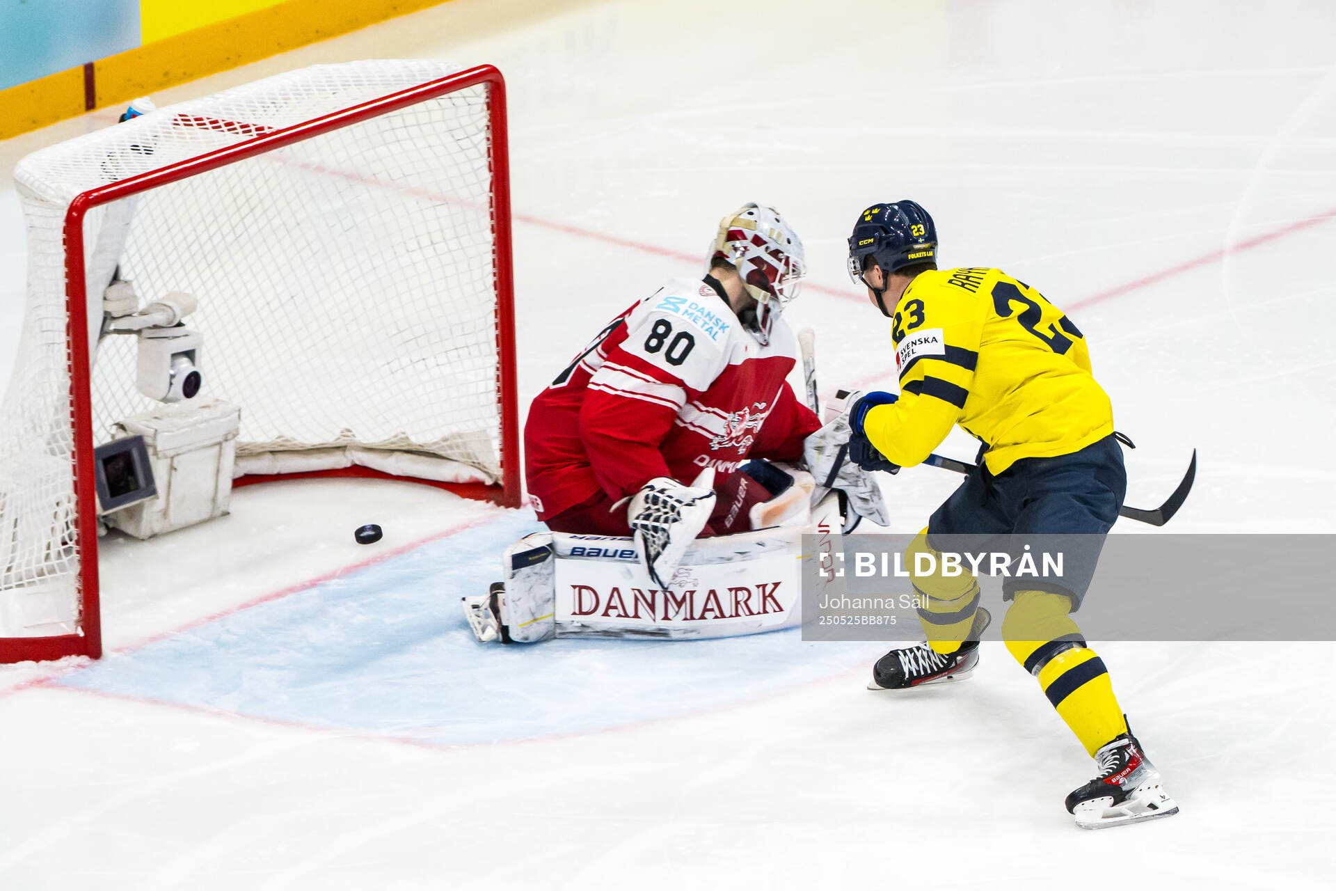 Lucas Raymond of Sweden scores 4-0 past goaltender Frederik