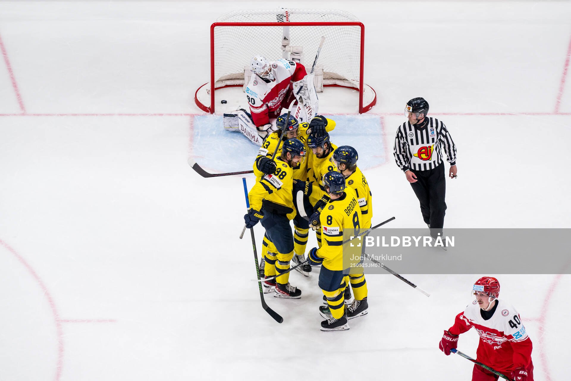 goaltender Frederik Dichow of Denmark looks dejected while