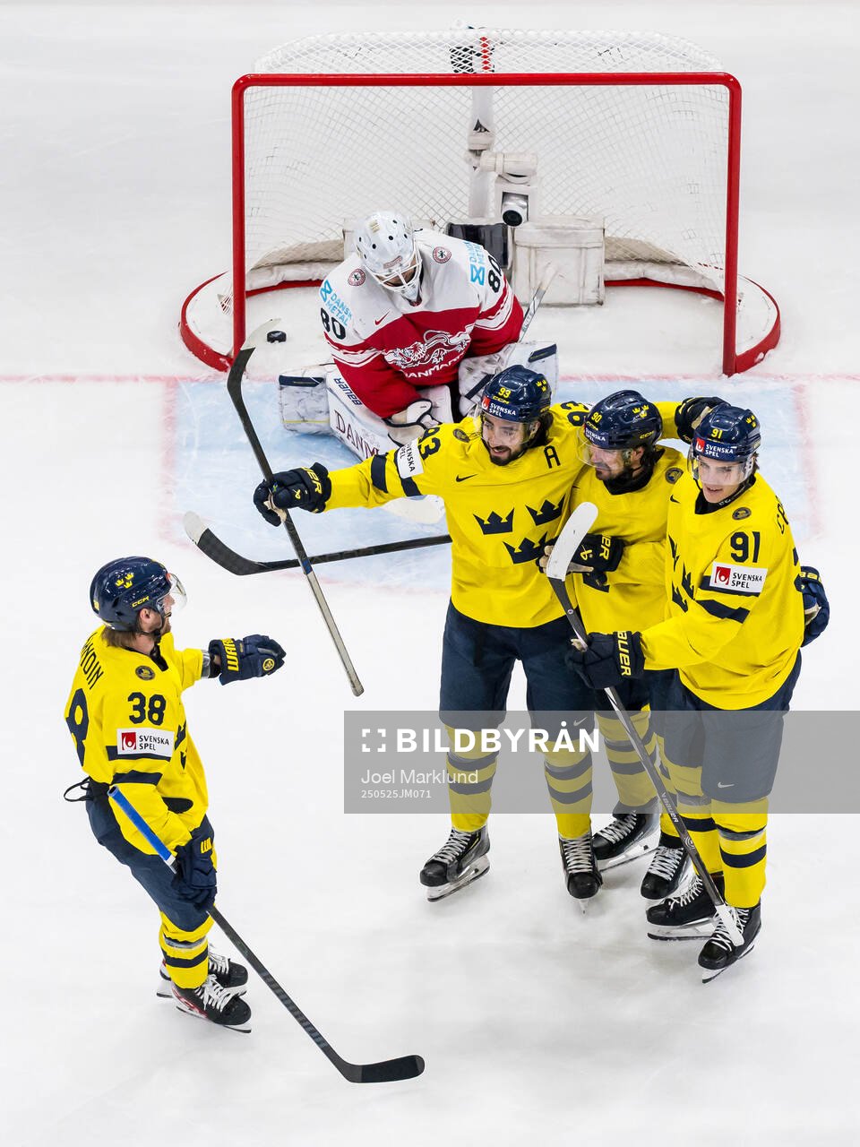 goaltender Frederik Dichow of Denmark looks dejected while