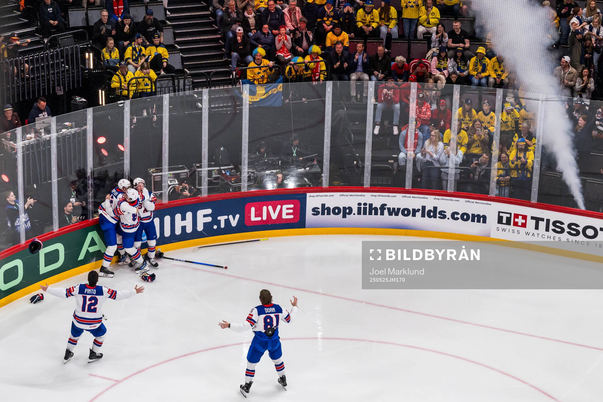 Tage Thompson of USA celebrates with team mates