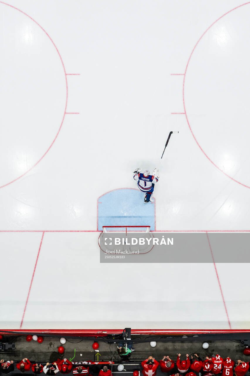 Goaltender Jeremy Swayman of USA celebrates the team’s