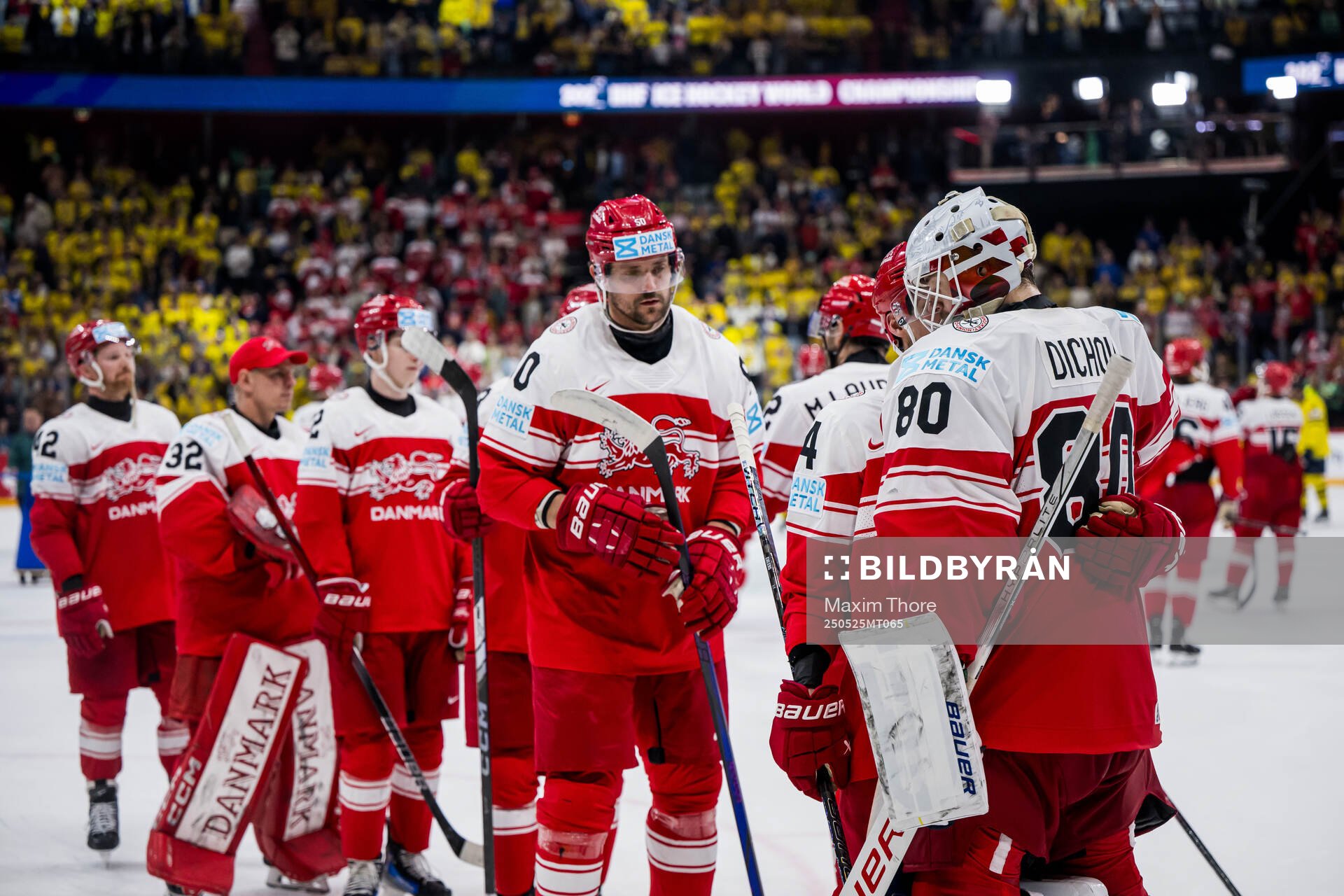 goaltender Frederik Dichow of Denmark looks dejected with