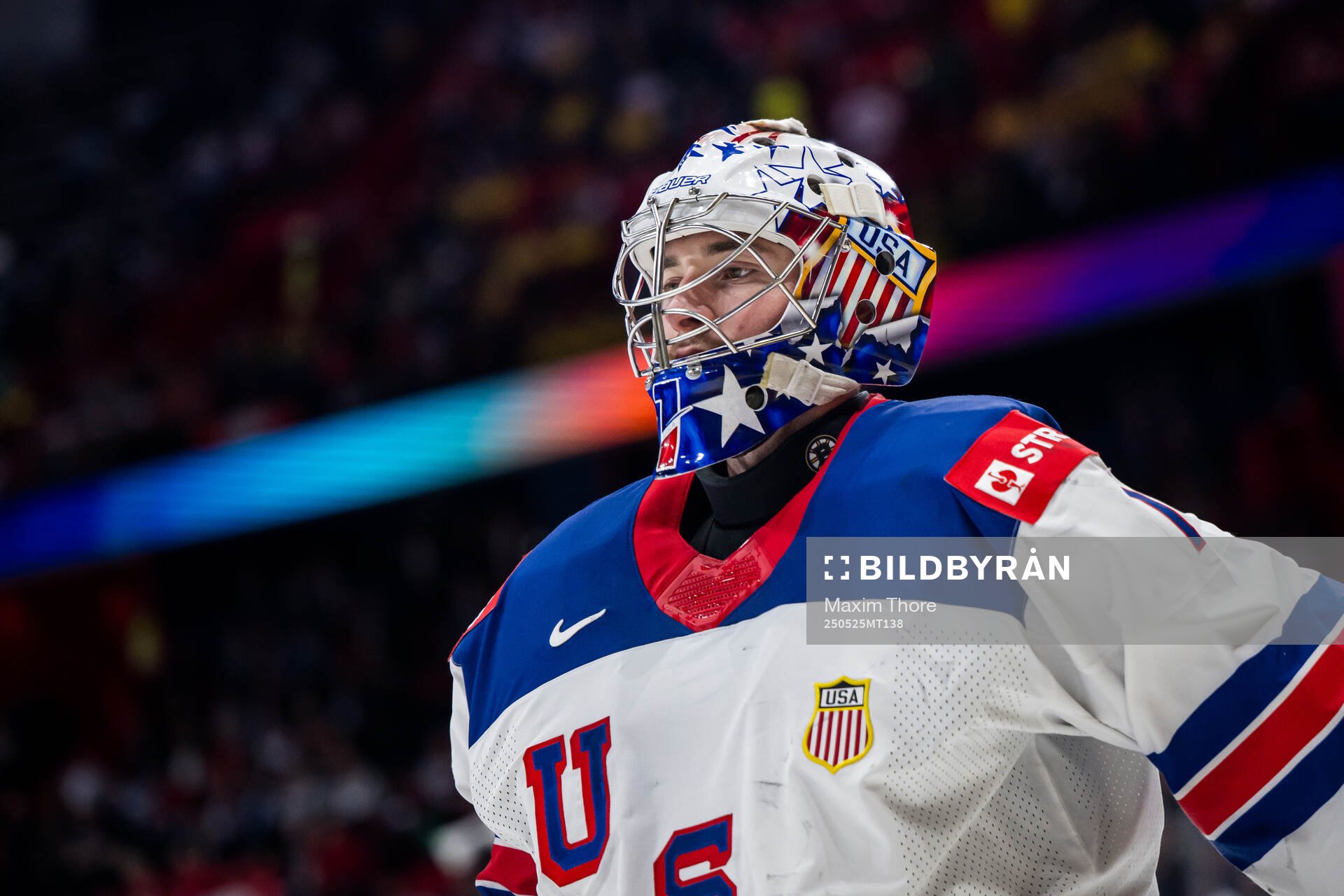Goaltender Jeremy Swayman of USA