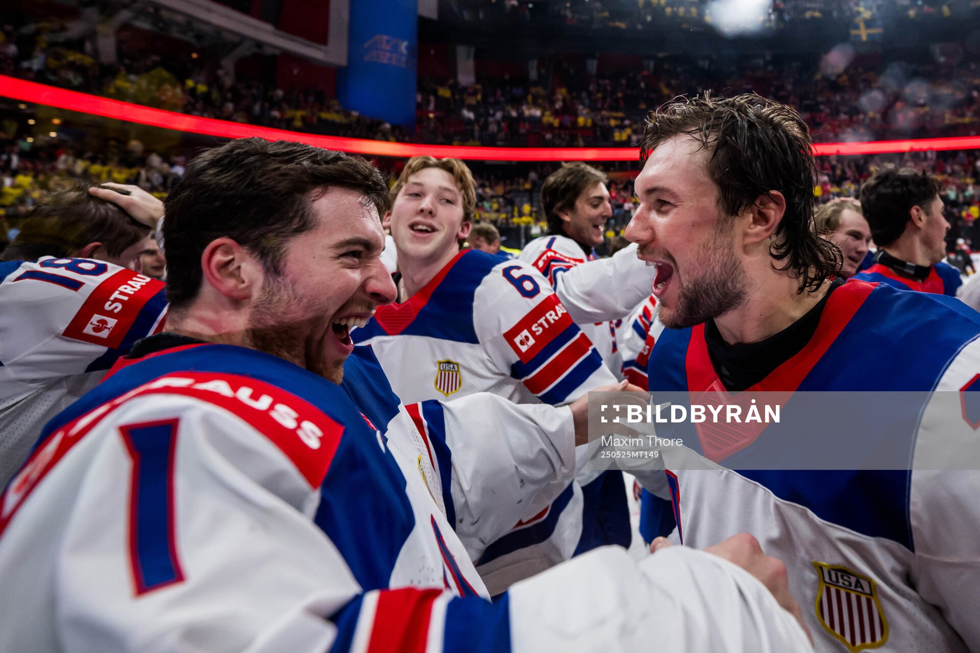 goaltender Jeremy Swayman and Andrew Peeke of USA