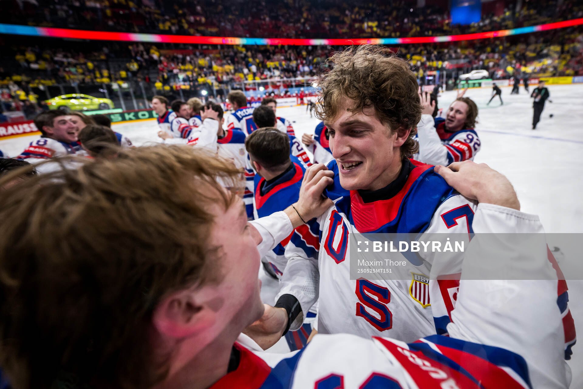 Tage Thompson of USA celebrates with team mates