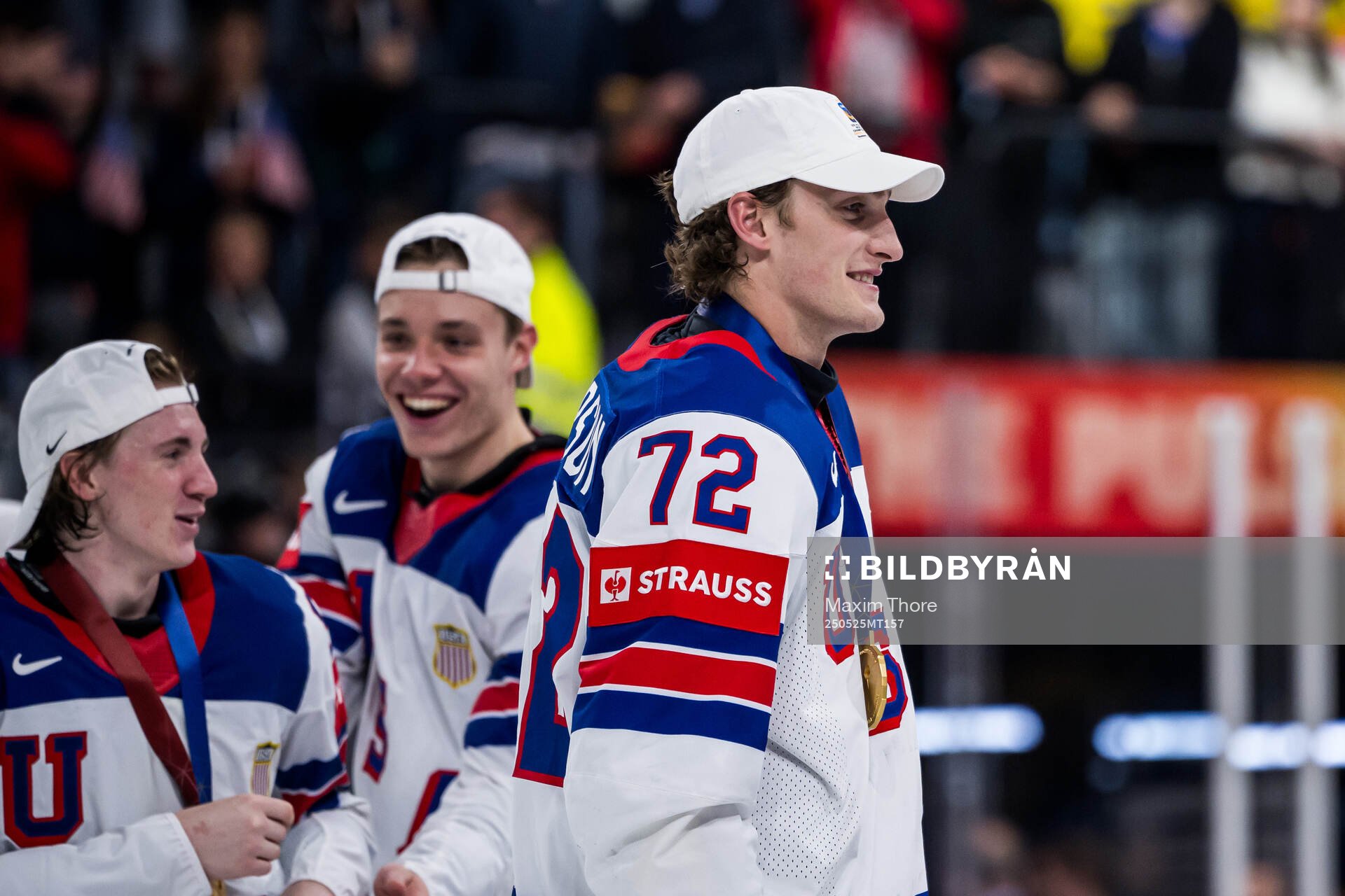 Tage Thompson of USA celebrates with his gold medal
