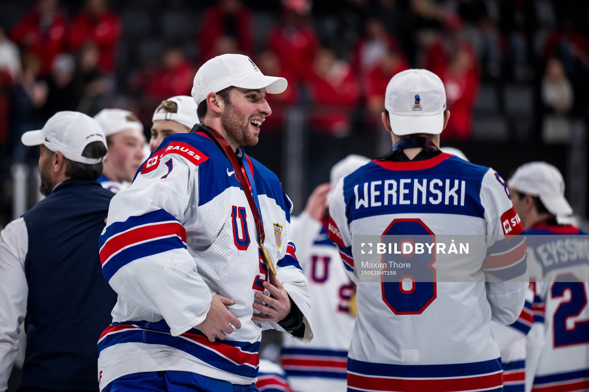 goaltender Jeremy Swayman of USA celebrates with his gold