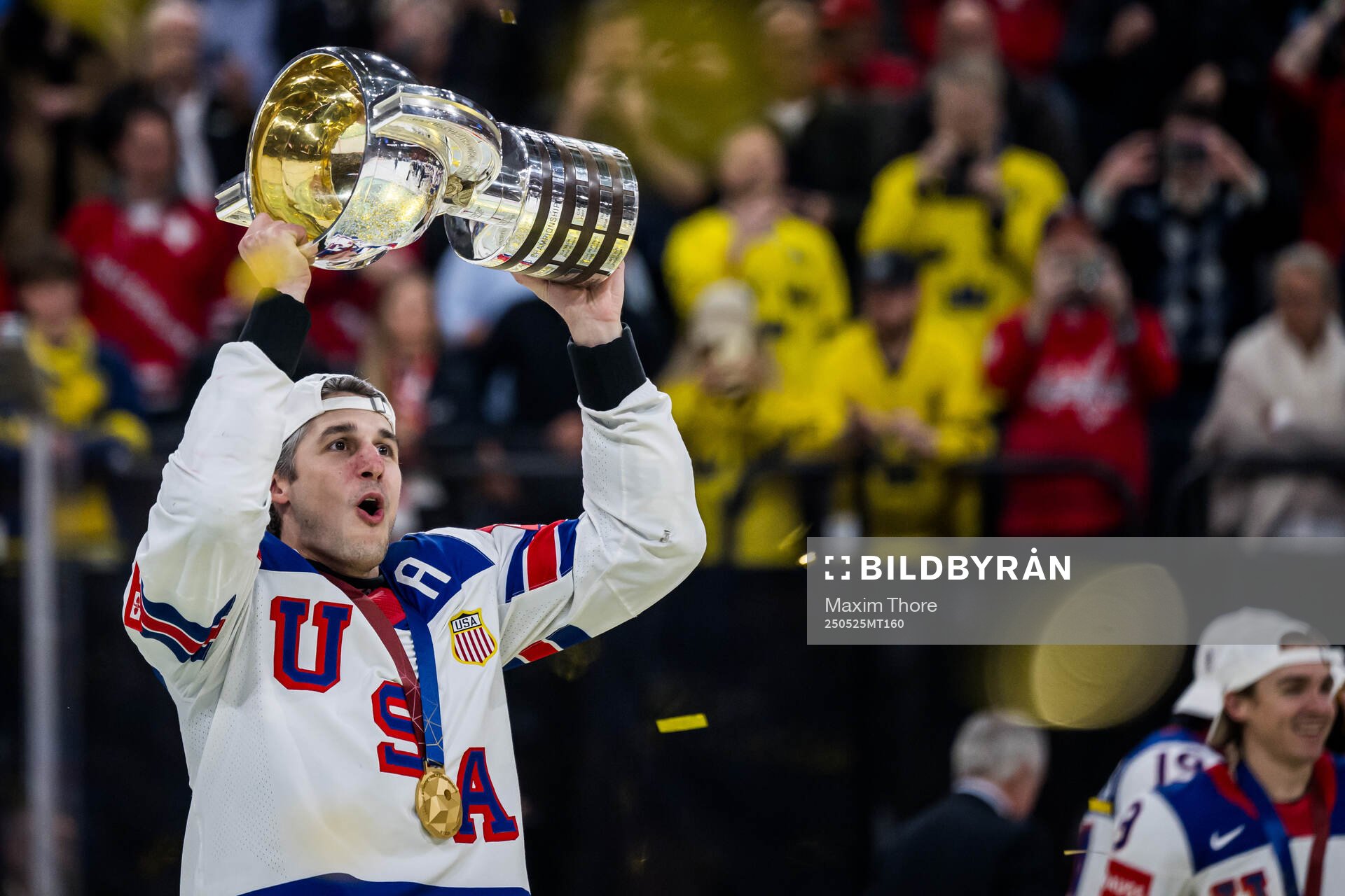 Brady Skjei of USA celebrates with t he trophy