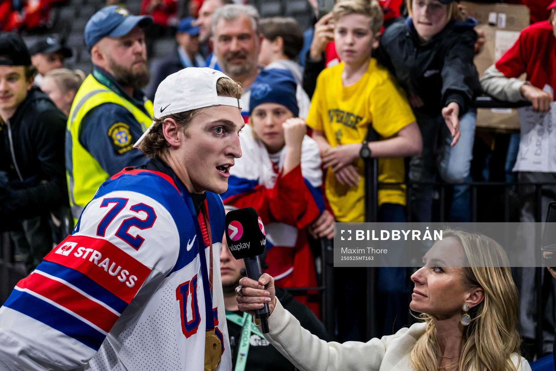 Tage Thompson of USA is interviewed
