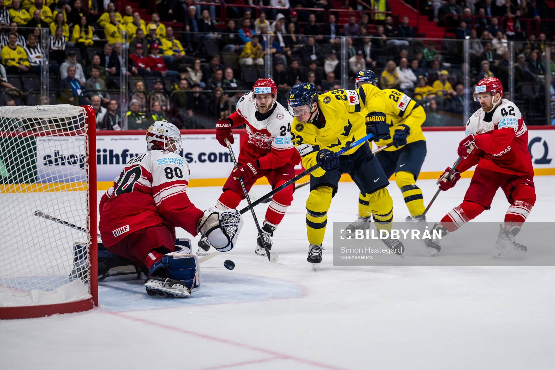 Marcus Johansson of Sweden and goaltender Frederik Dichow