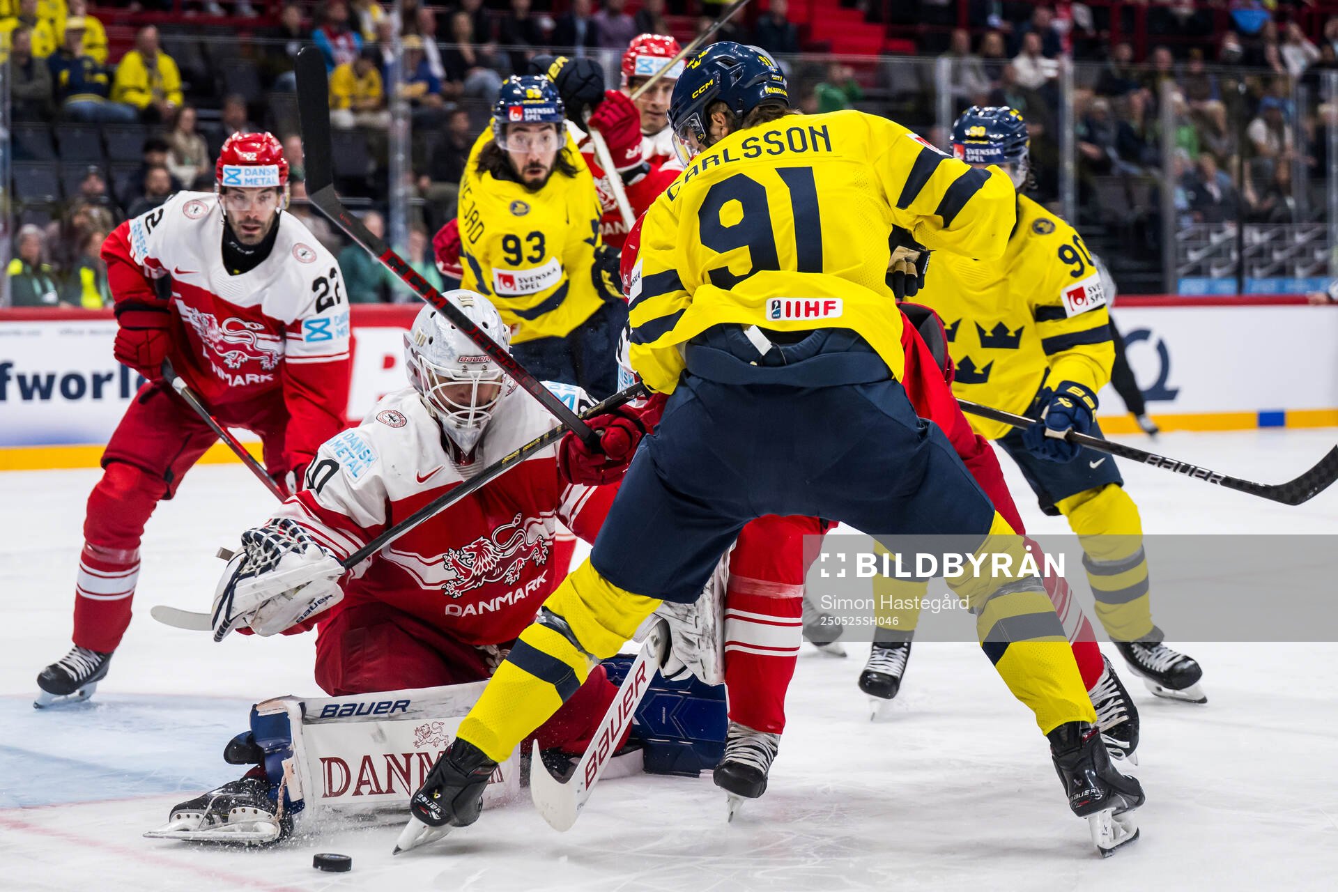 goaltender Frederik Dichow of Denmark against Mika