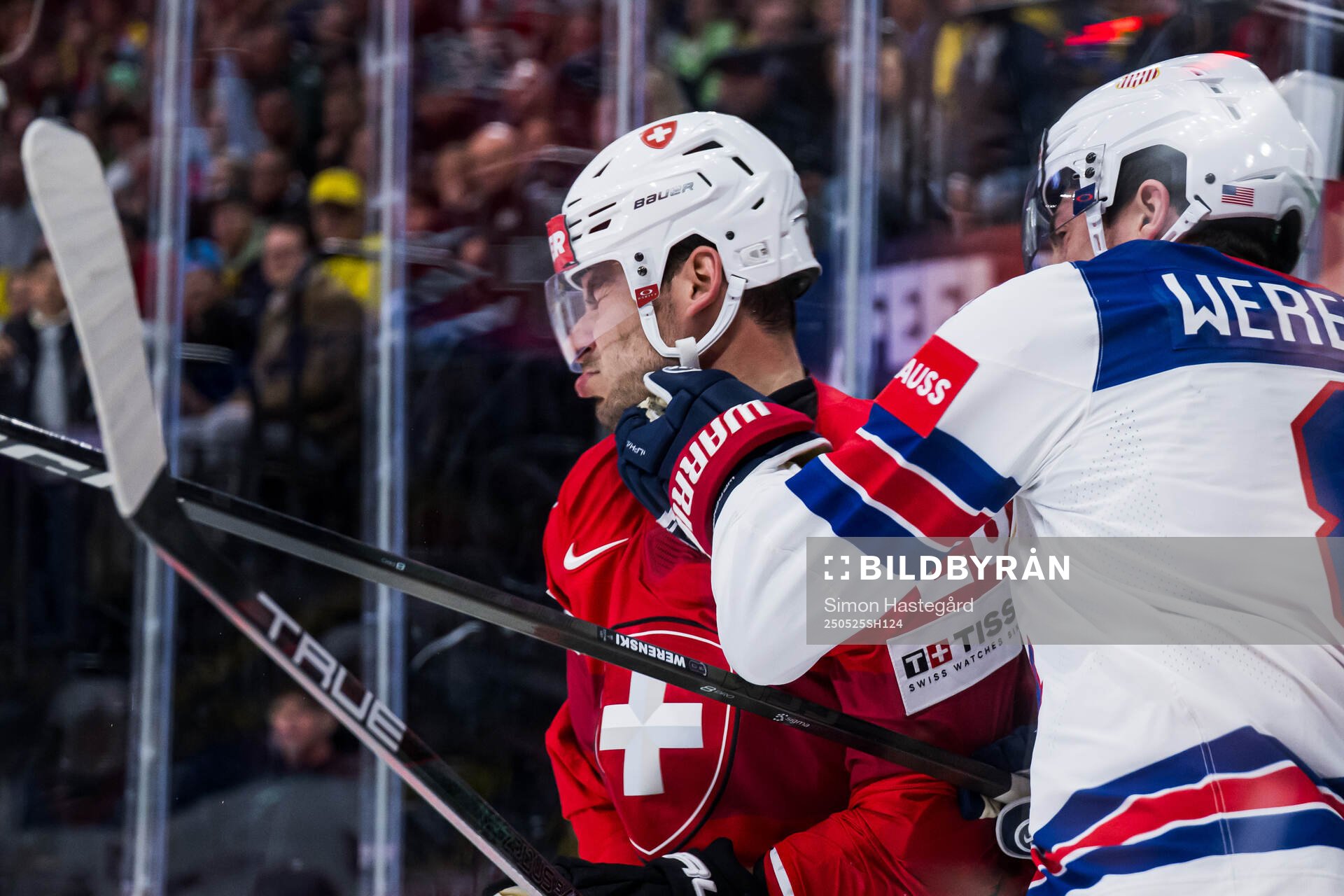 Timo Meier of Switzerland and Zach Werenski of USA