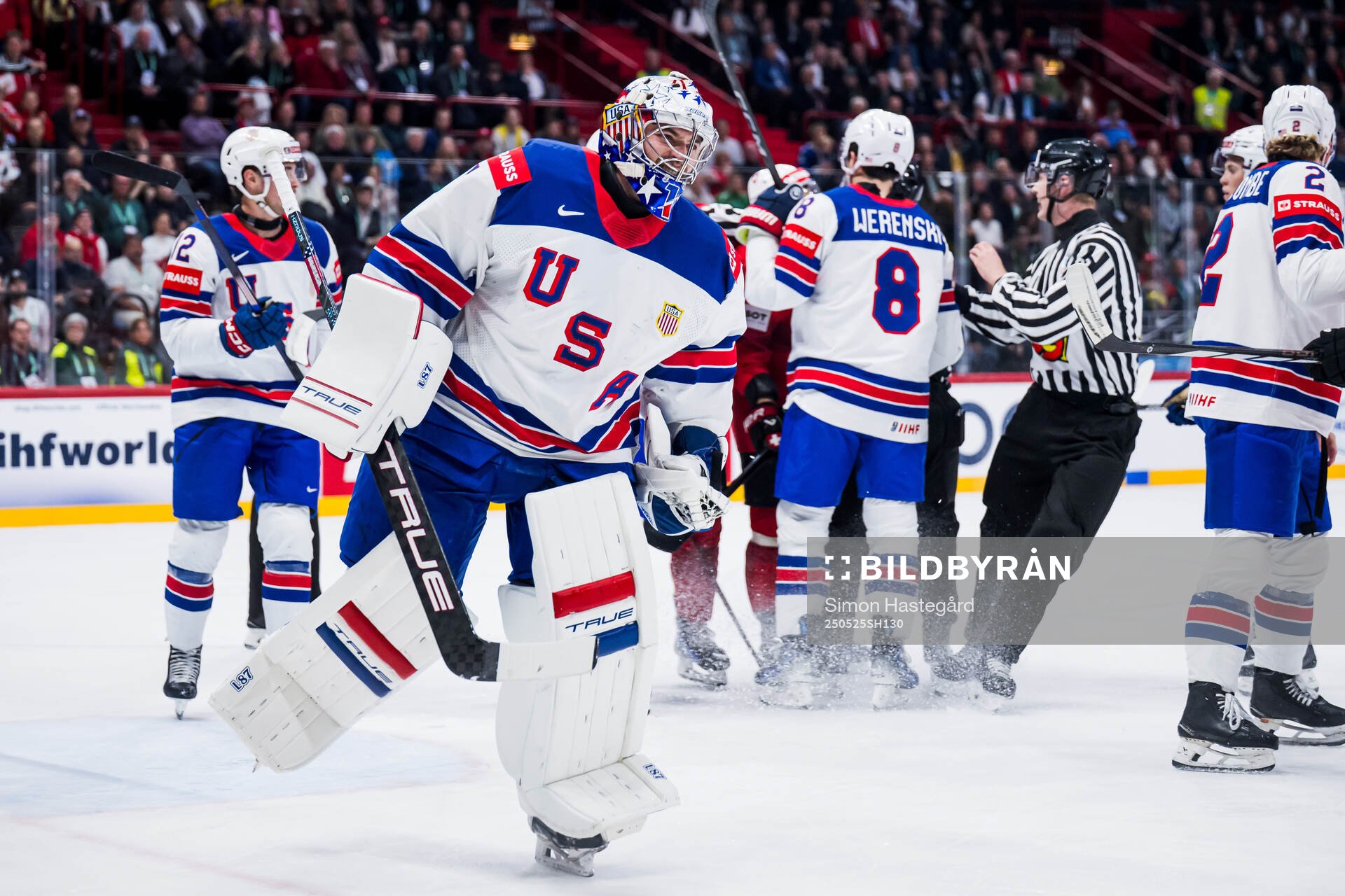 Goaltender Jeremy Swayman of USA