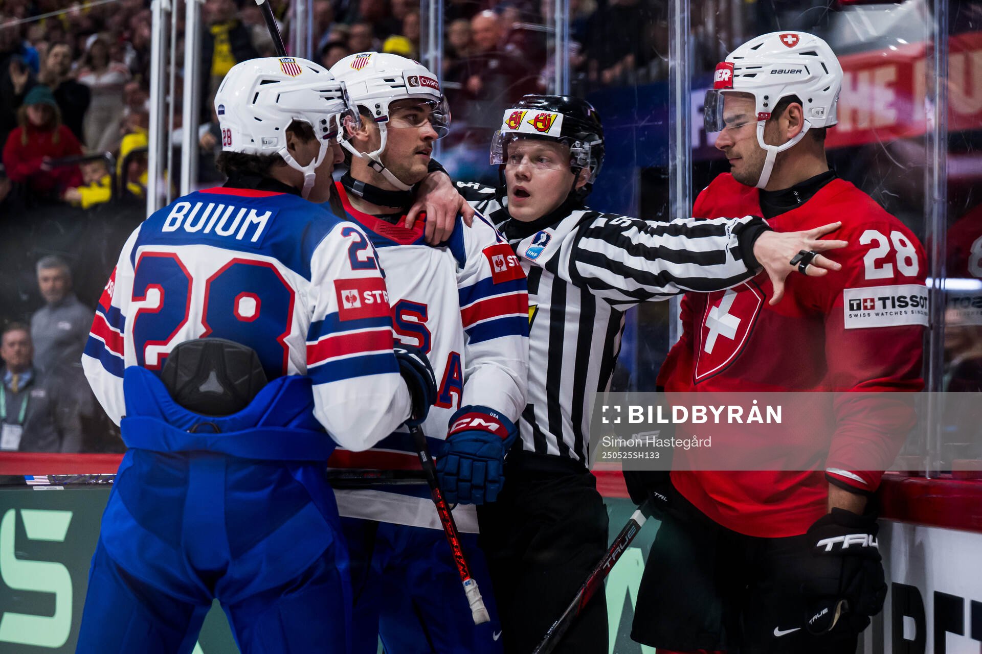 Timo Meier of Switzerland against Zeev Buium and Shane