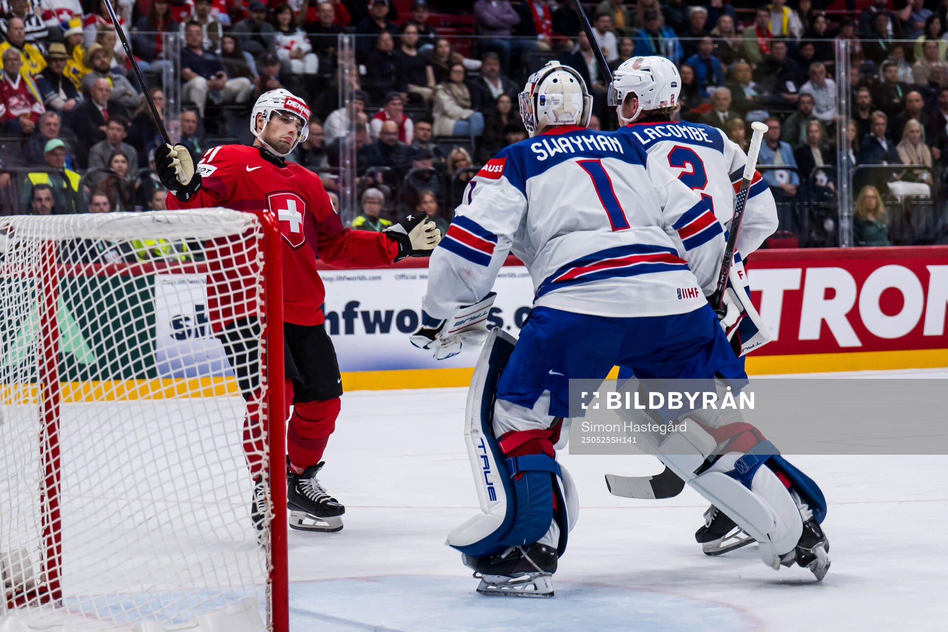 Kevin Fiala of Switzerland reacts against goaltender Jeremy