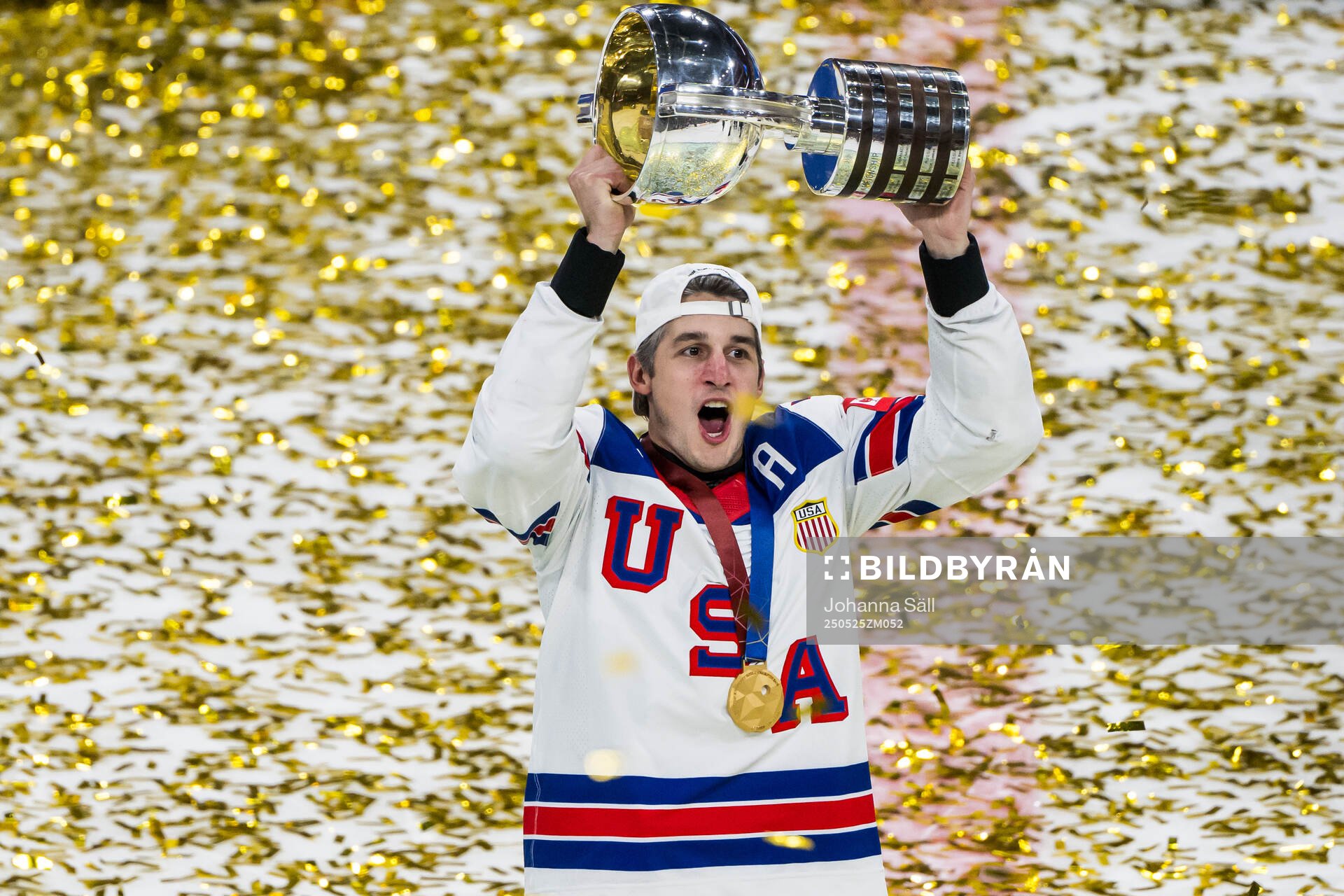 Brady Skjei of USA celebrates with t he trophy