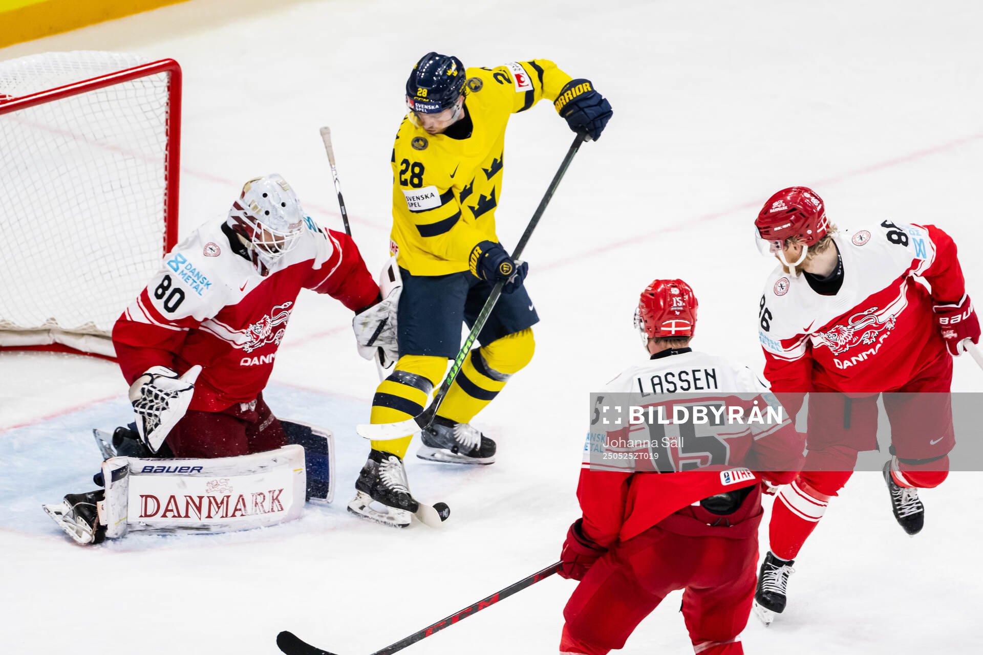 goaltender Frederik Dichow of Denmark and Elias Lindholm of